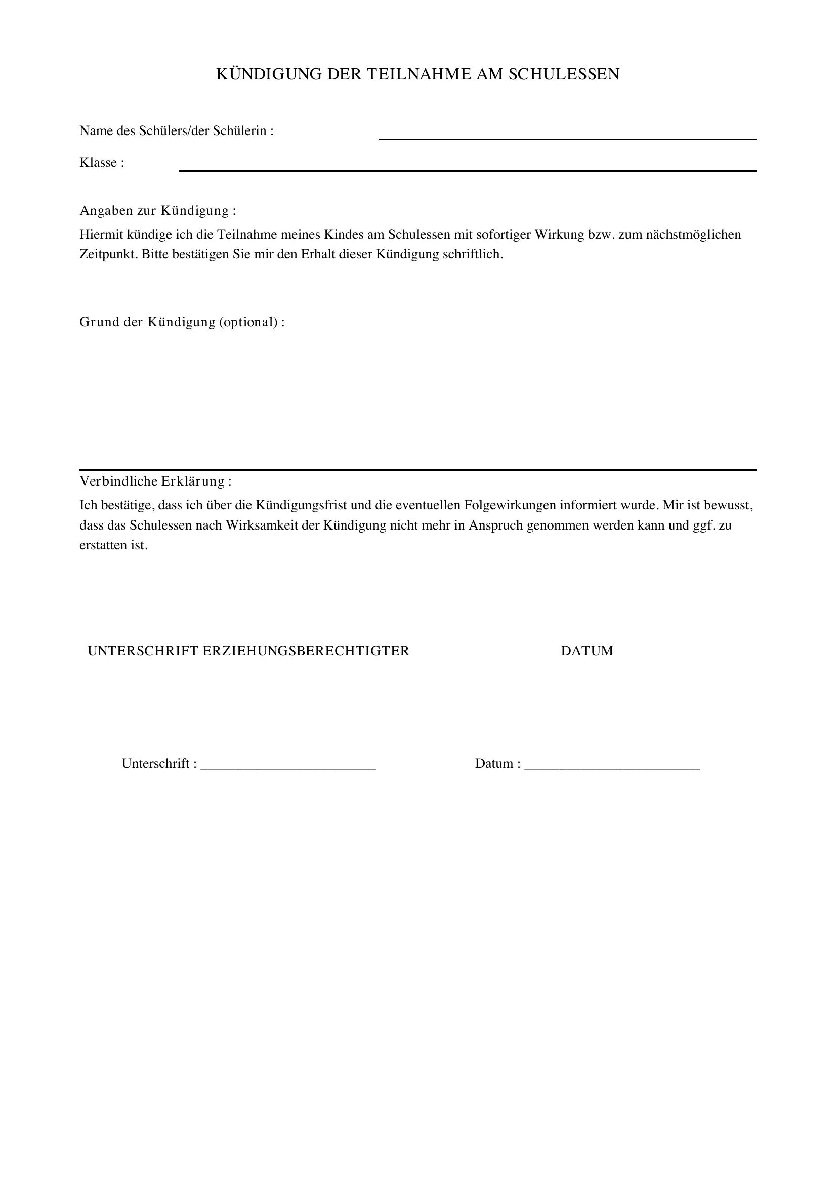 Kündigung Schulessen