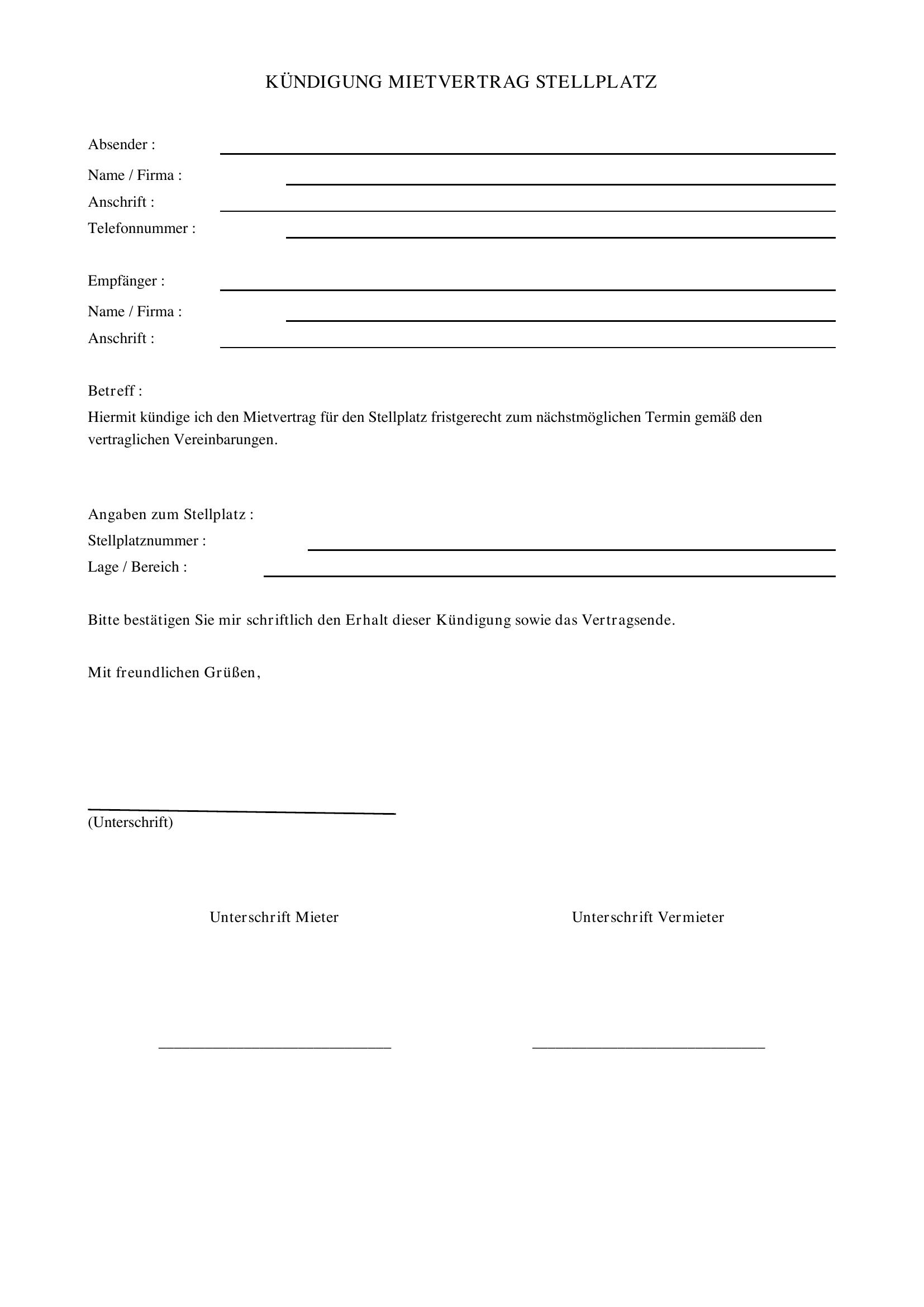 Kündigung Stellplatz Vorlage