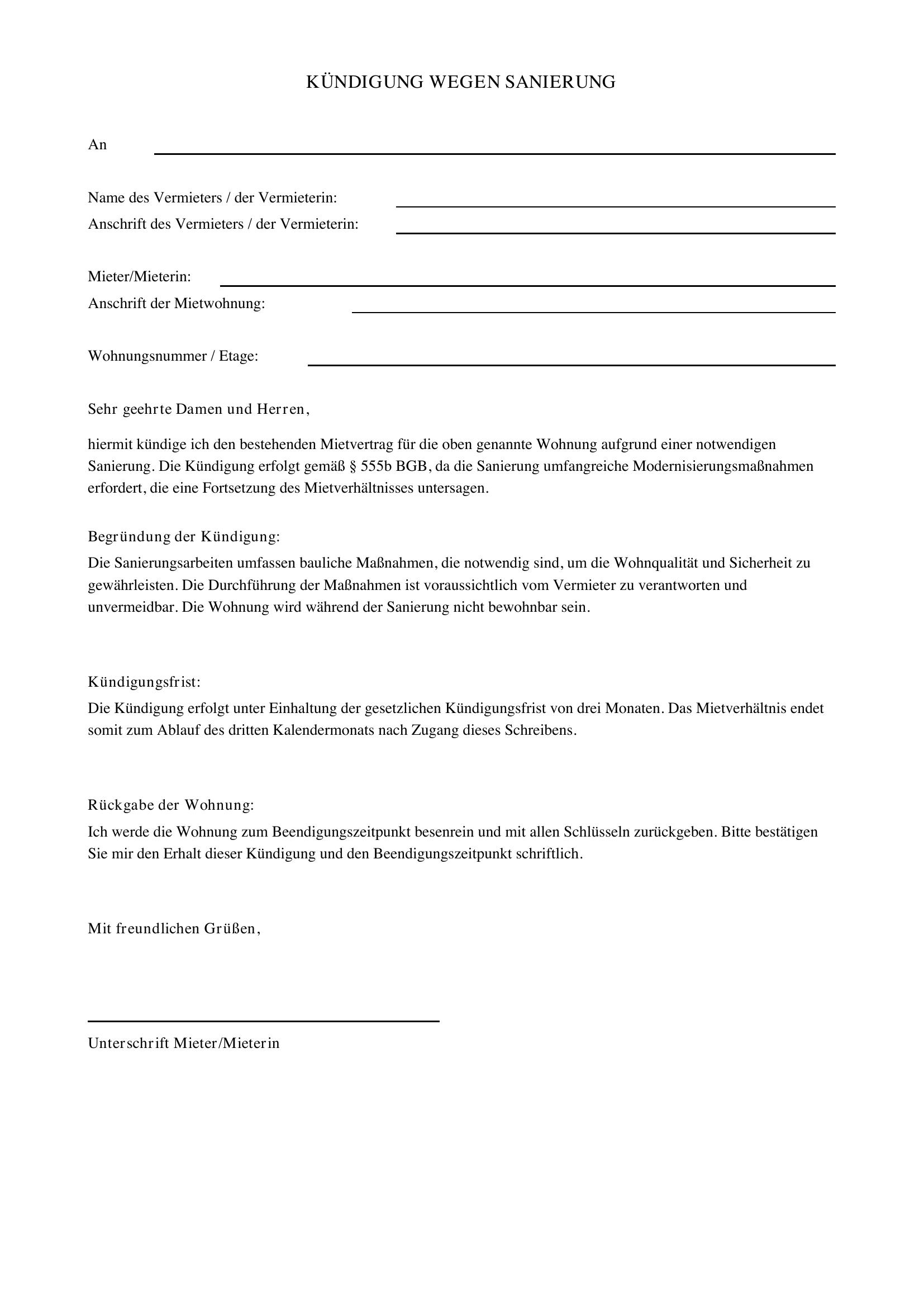 Kündigung Wegen Sanierung Muster