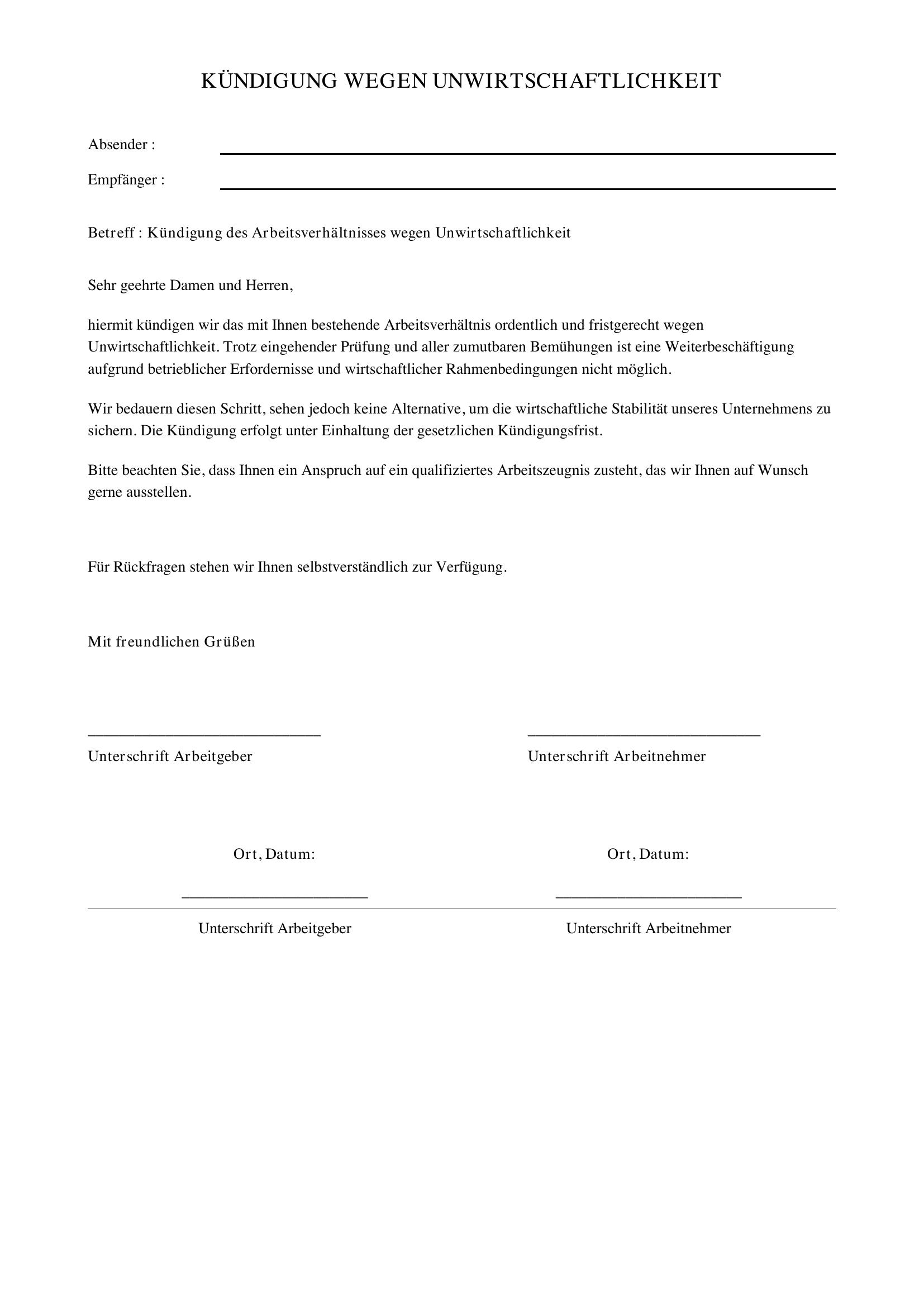 Kündigung Wegen Unwirtschaftlichkeit Arbeitsrecht