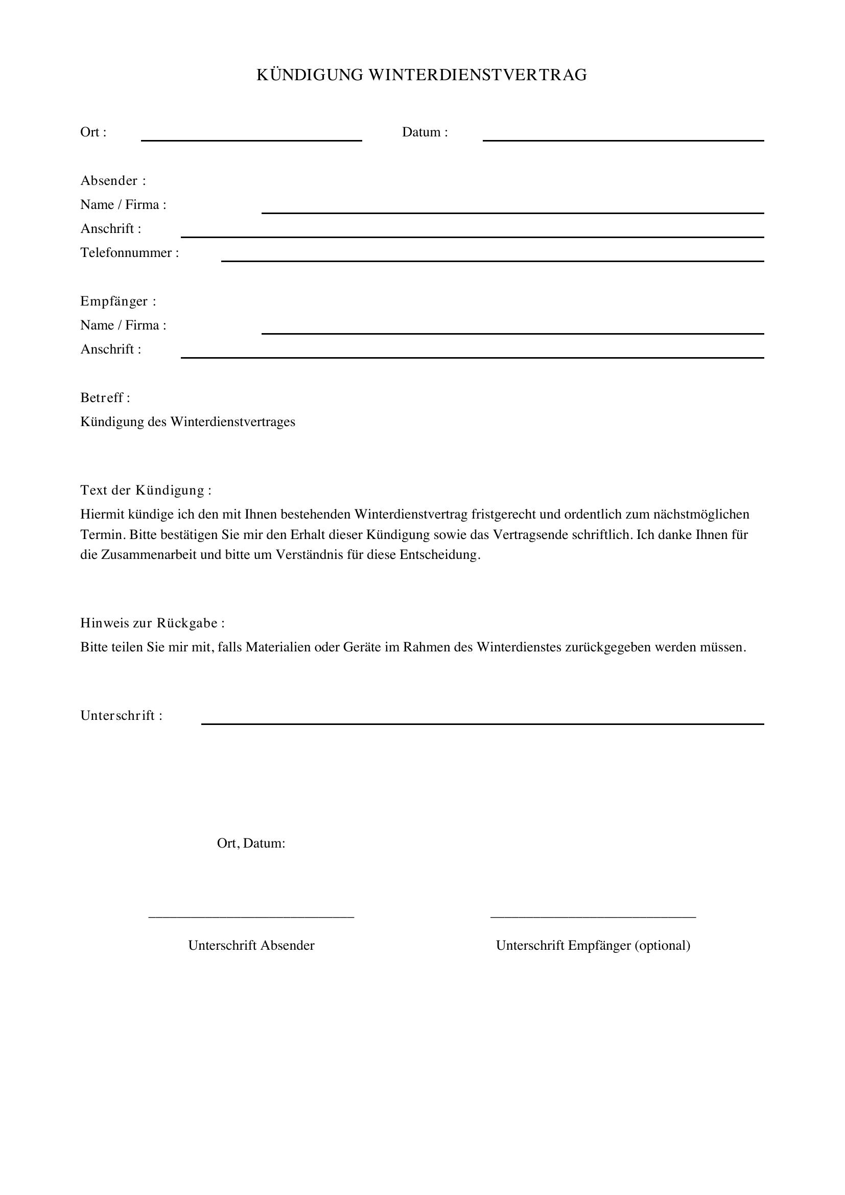 Kündigung Winterdienst
