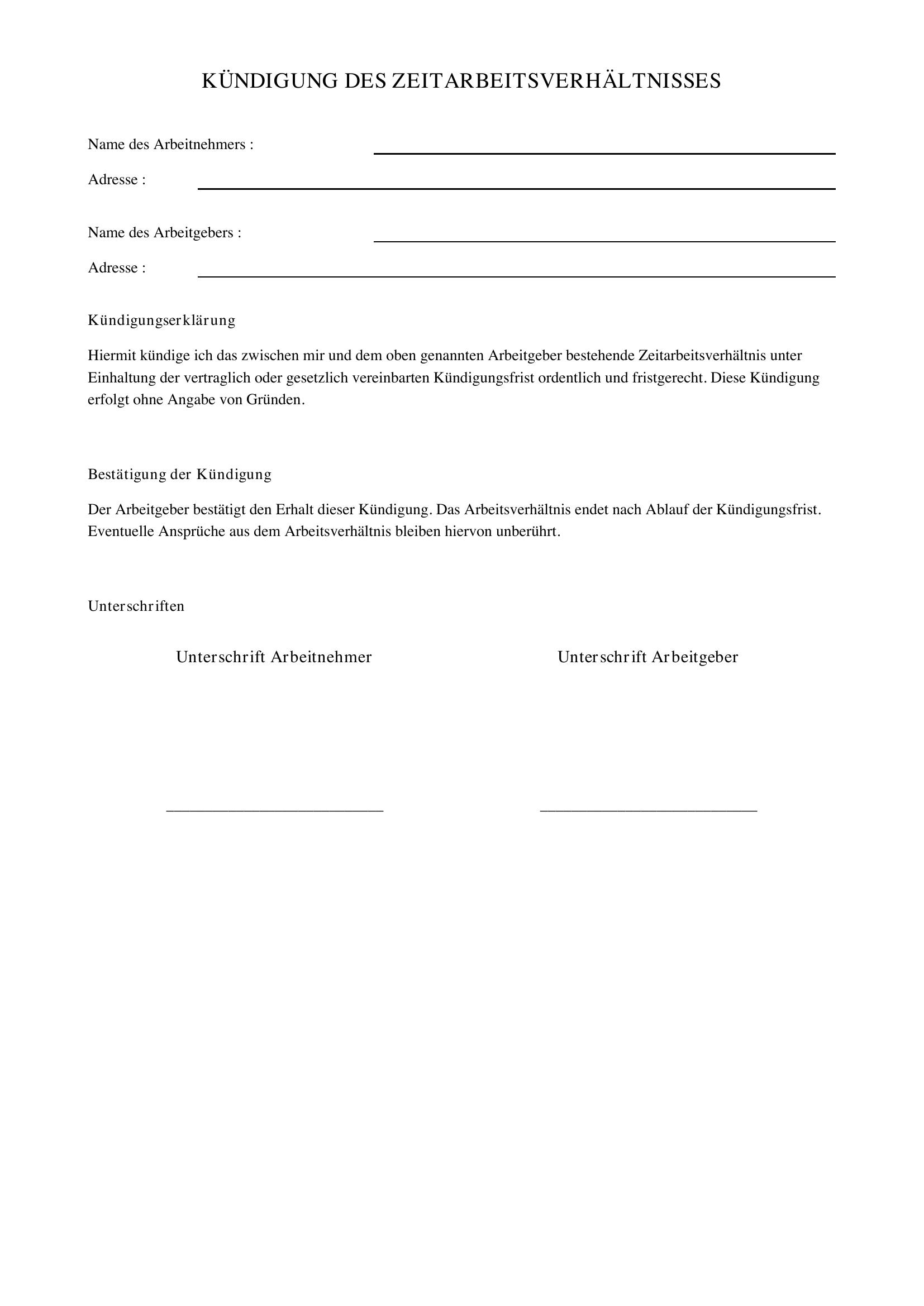 Kündigung Zeitarbeit Vorlage