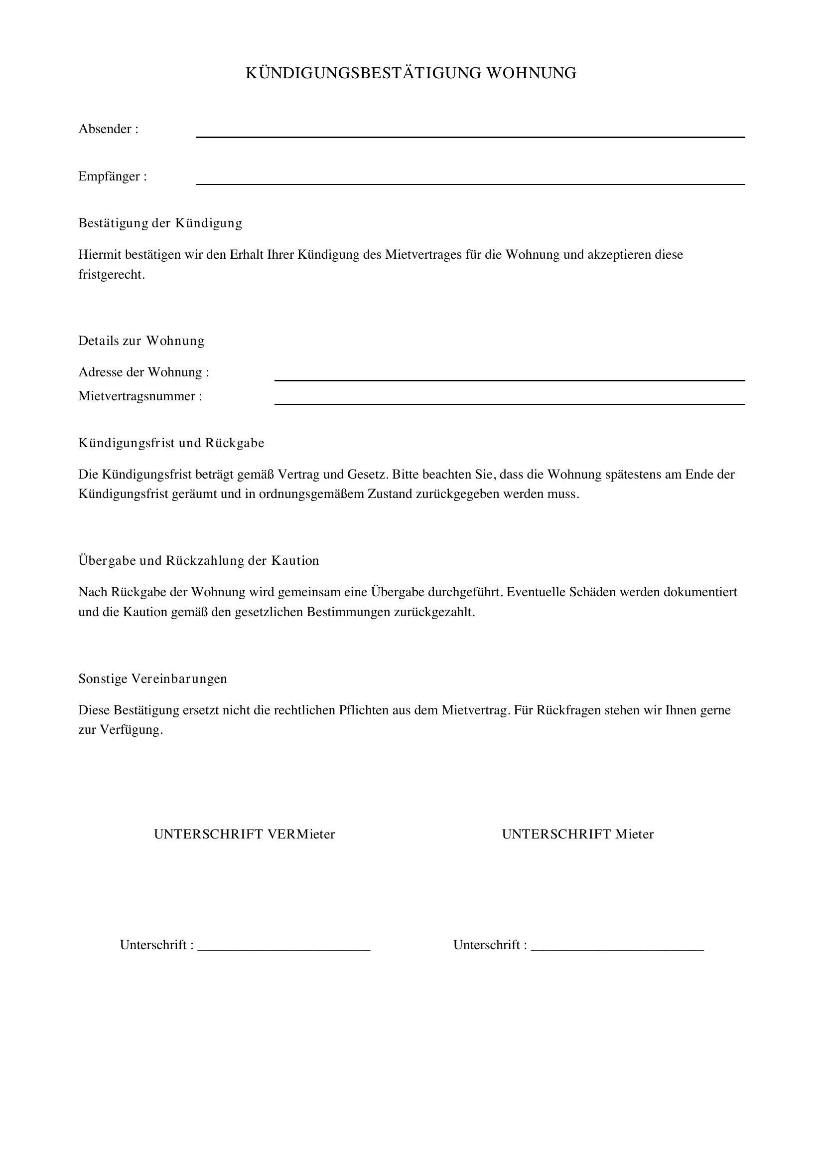 Kündigungsbestätigung Wohnung Vorlage