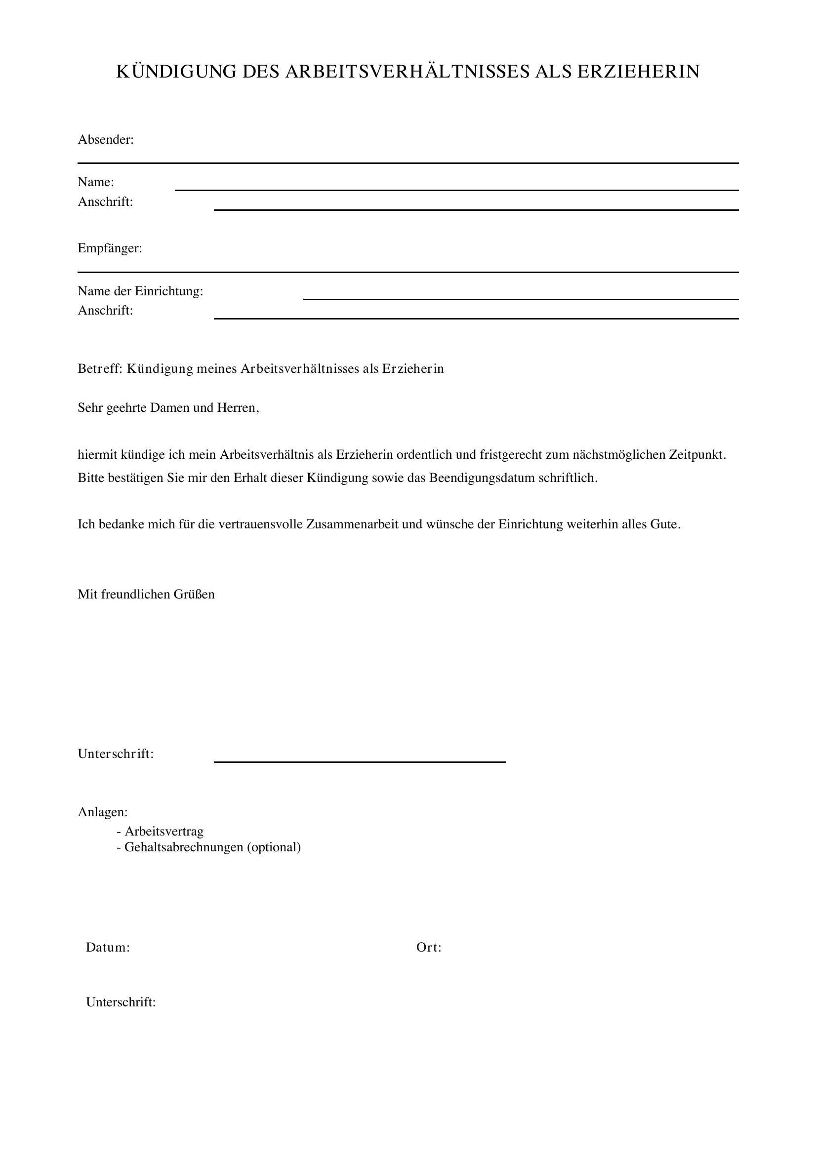 Kündigungsschreiben Erzieherin