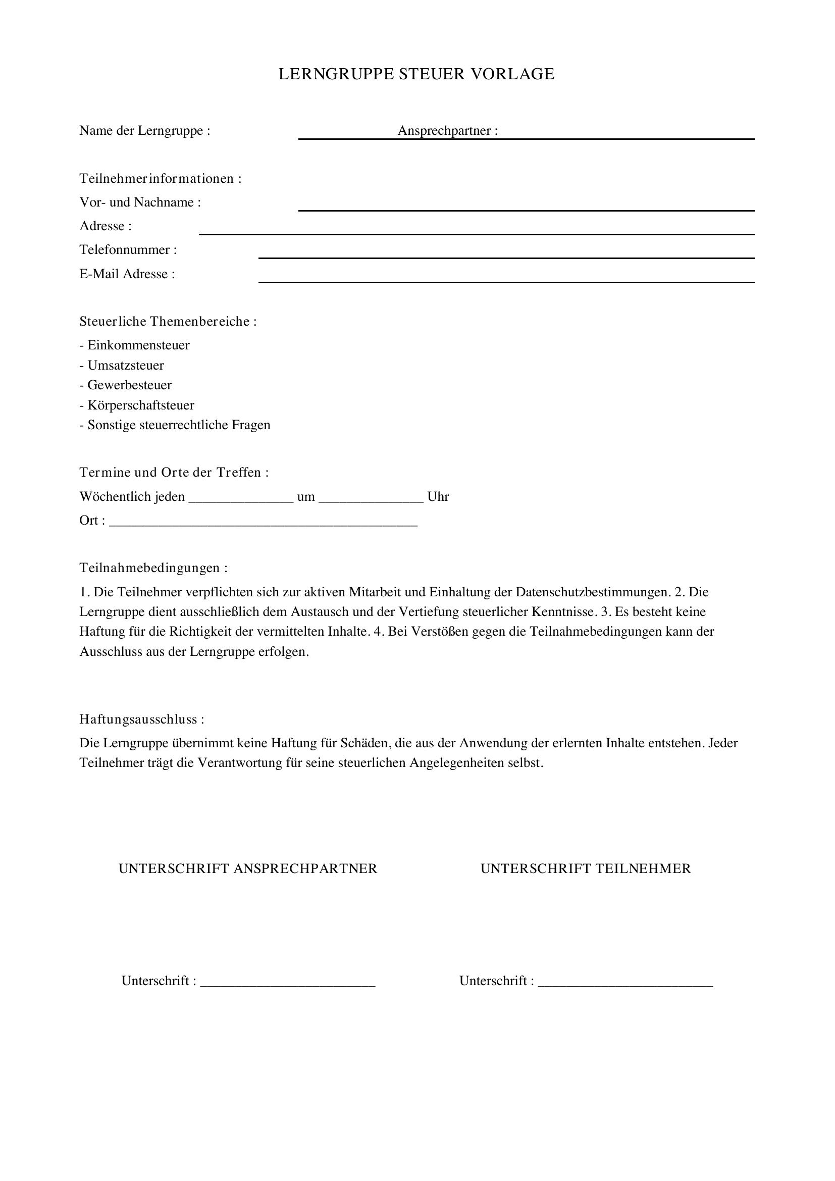 Lerngruppe Steuer Vorlage