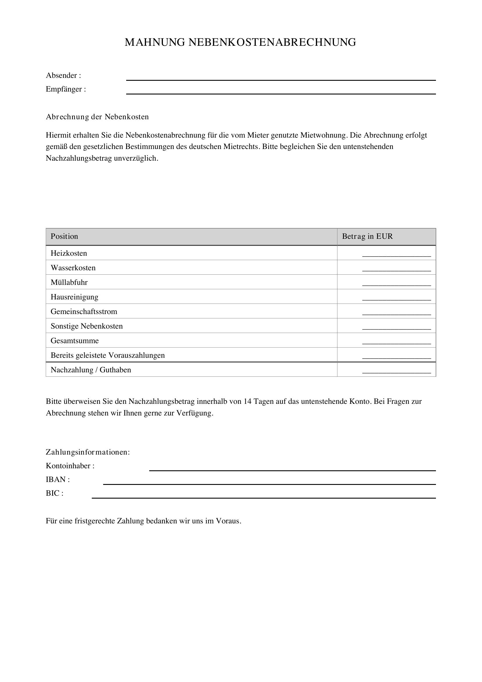 Mahnung Nebenkostenabrechnung