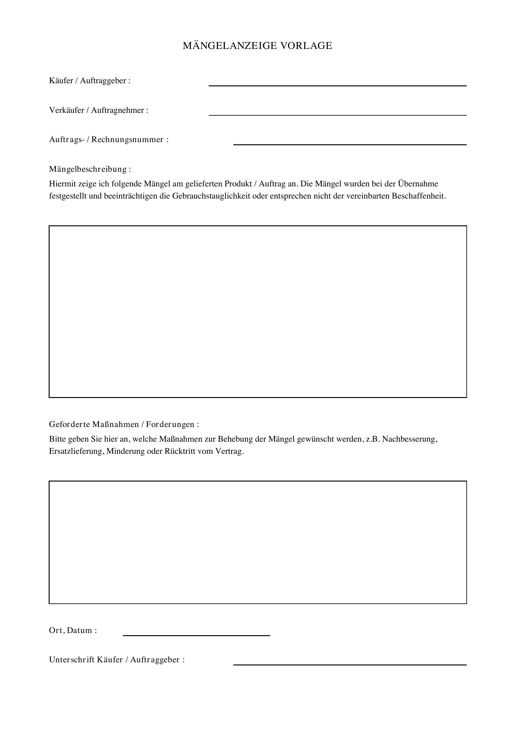 Mängelanzeige Vorlage