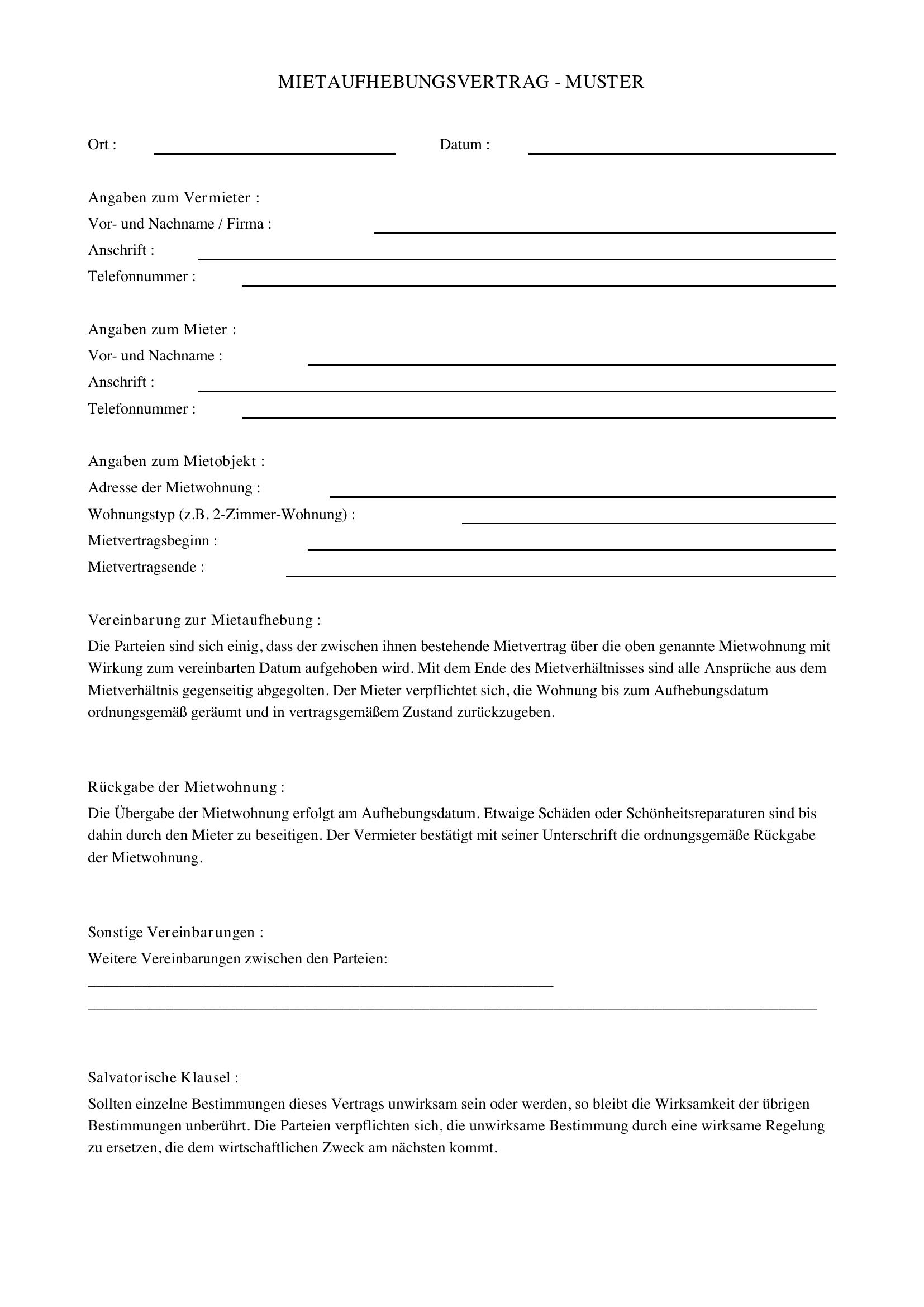Mietaufhebungsvertrag Muster