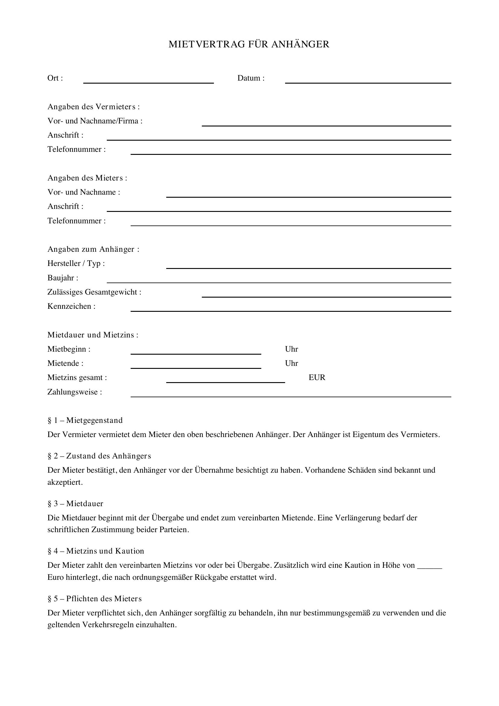 Mietvertrag Anhänger Muster