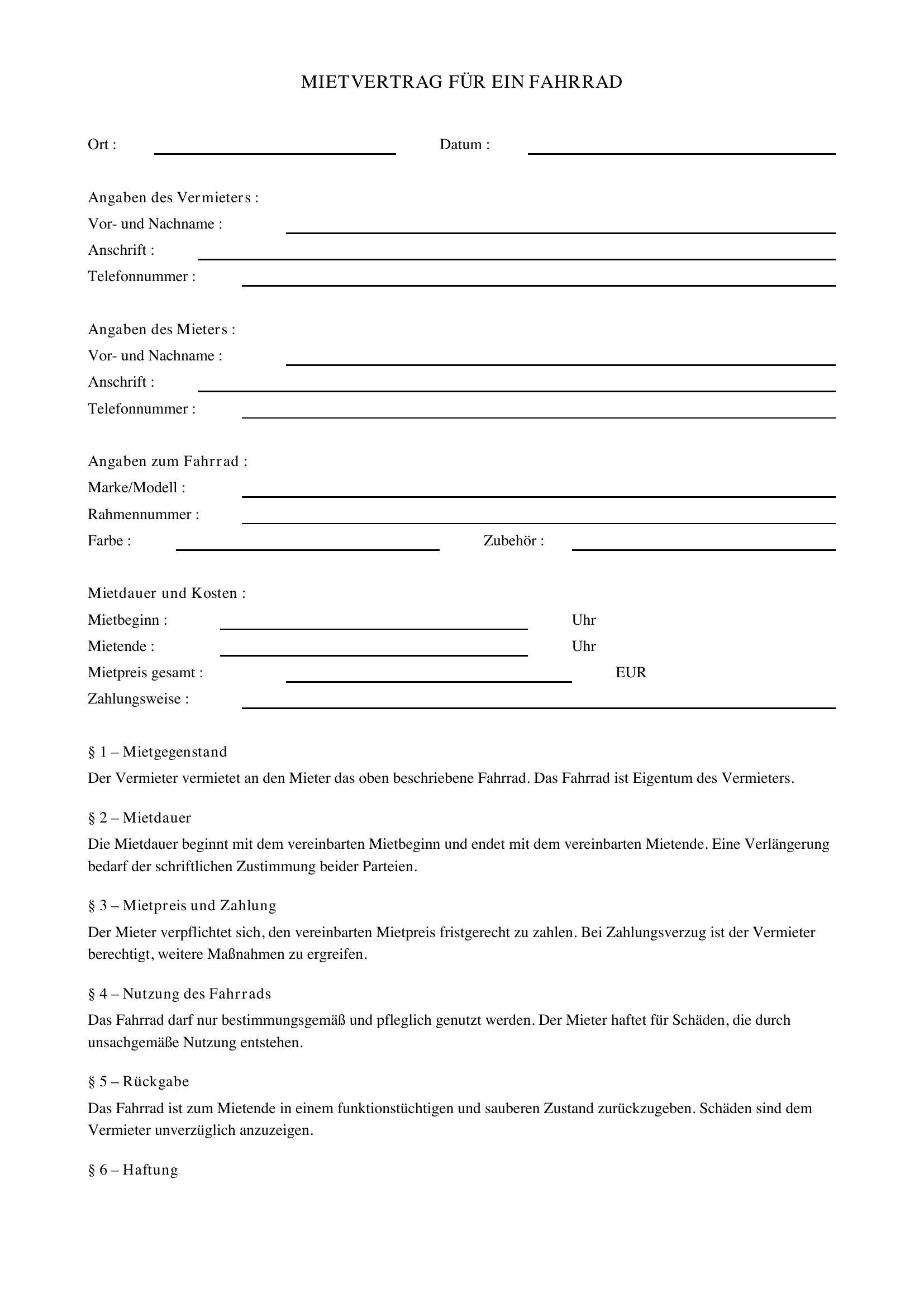 Mietvertrag Fahrrad Vorlage