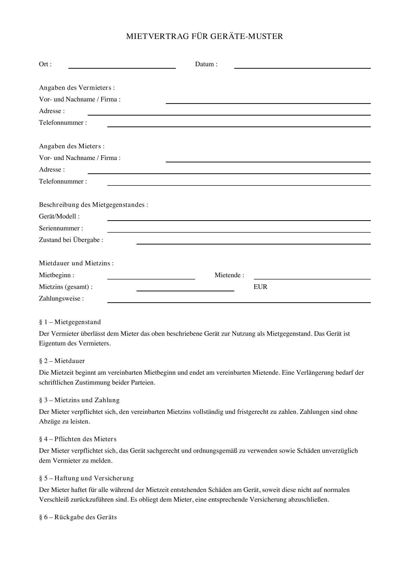 Mietvertrag Geräte Muster