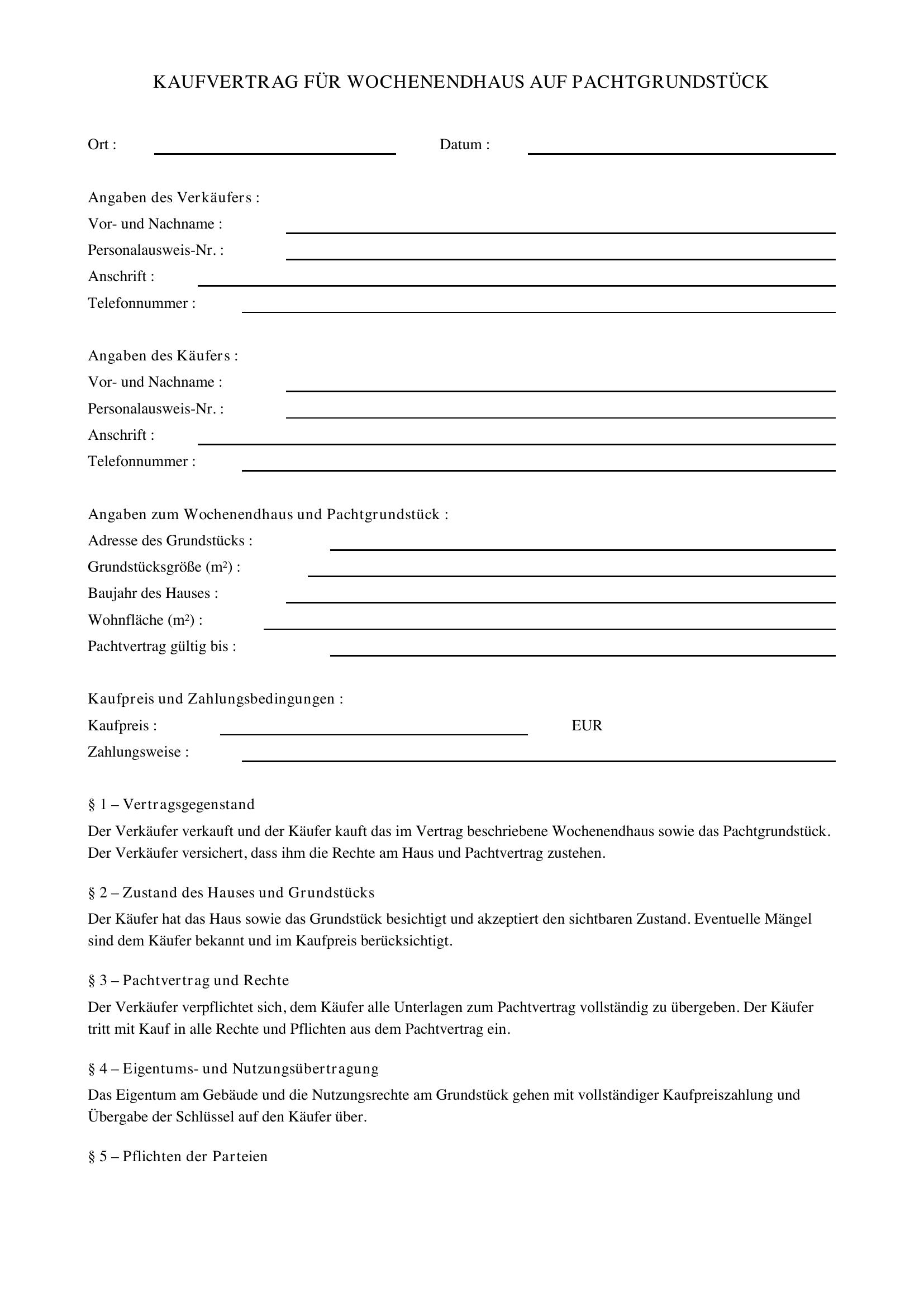 Muster Kaufvertrag Wochenendhaus Auf Pachtgrundstück