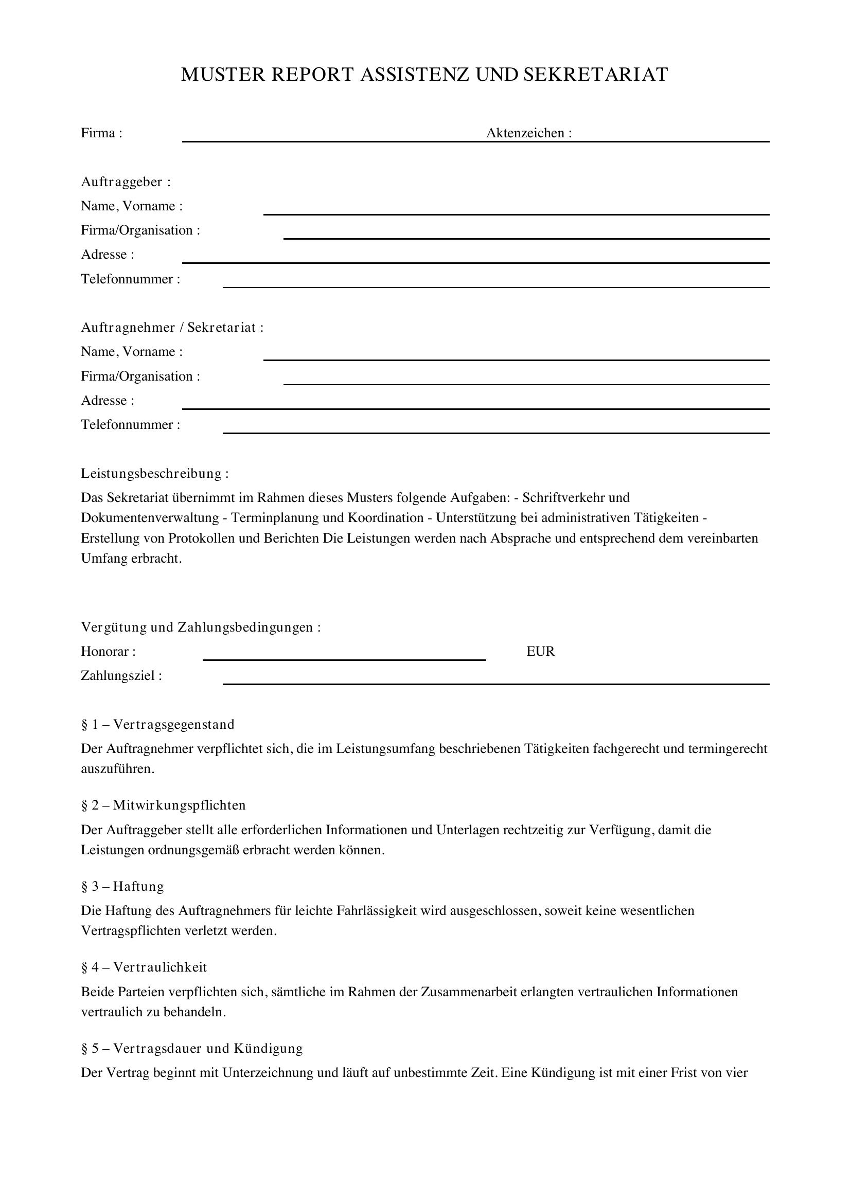 Muster Report Assistenz Und Sekretariat