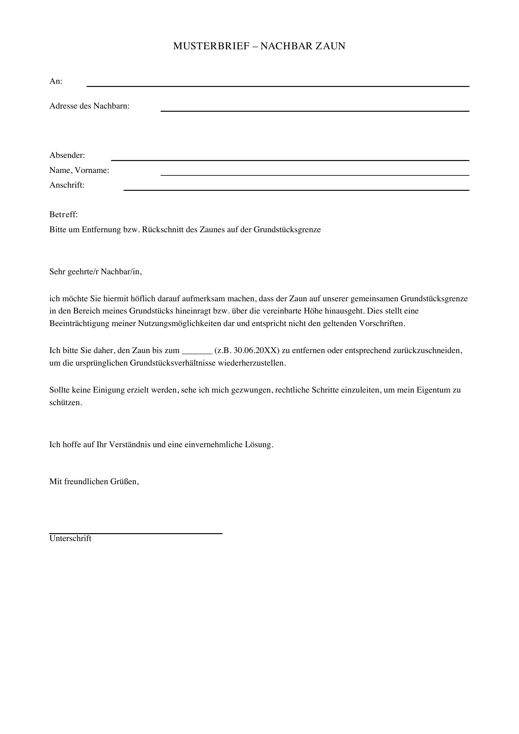 Musterbrief Nachbar Zaun