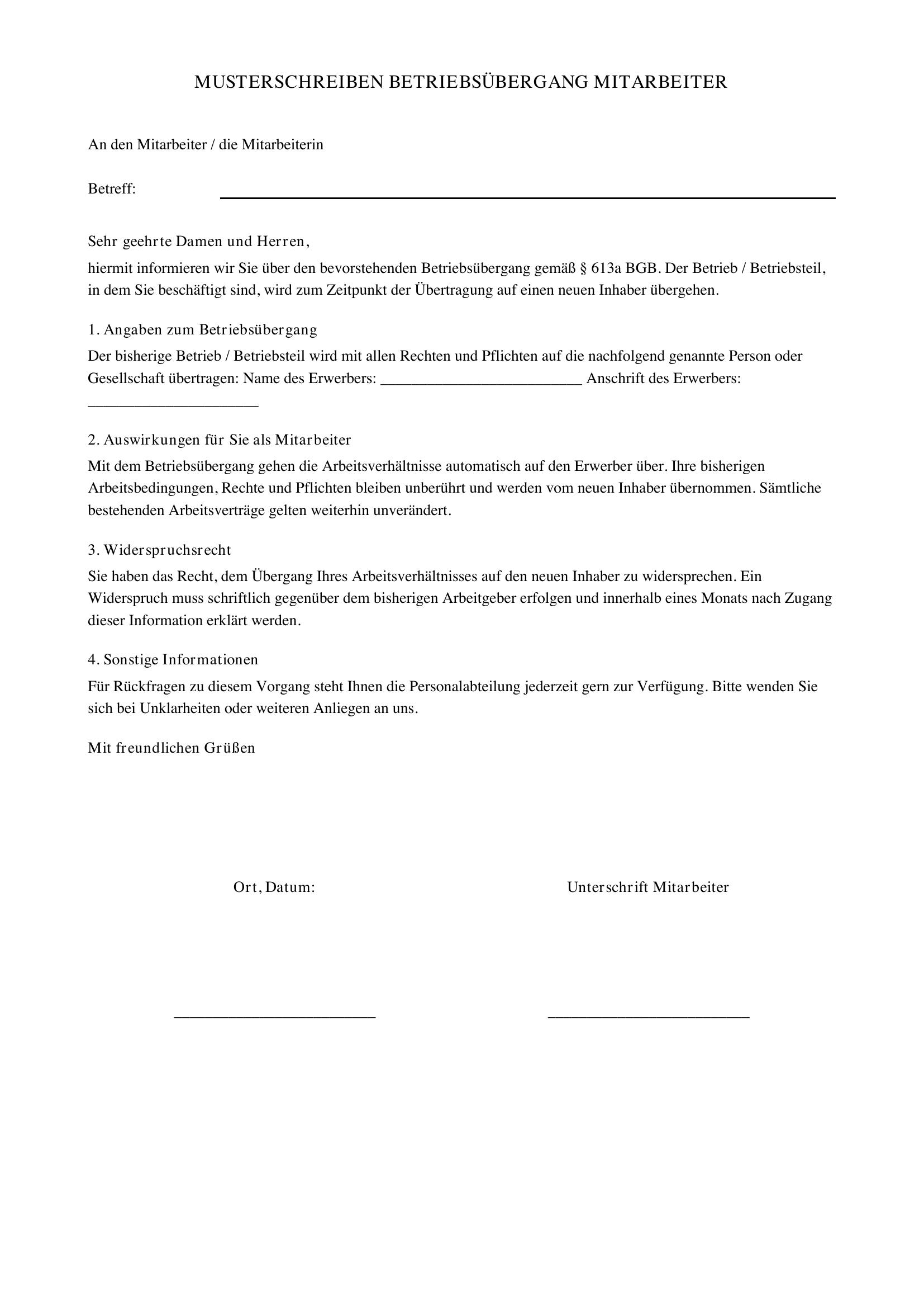Musterschreiben Betriebsübergang Mitarbeiter