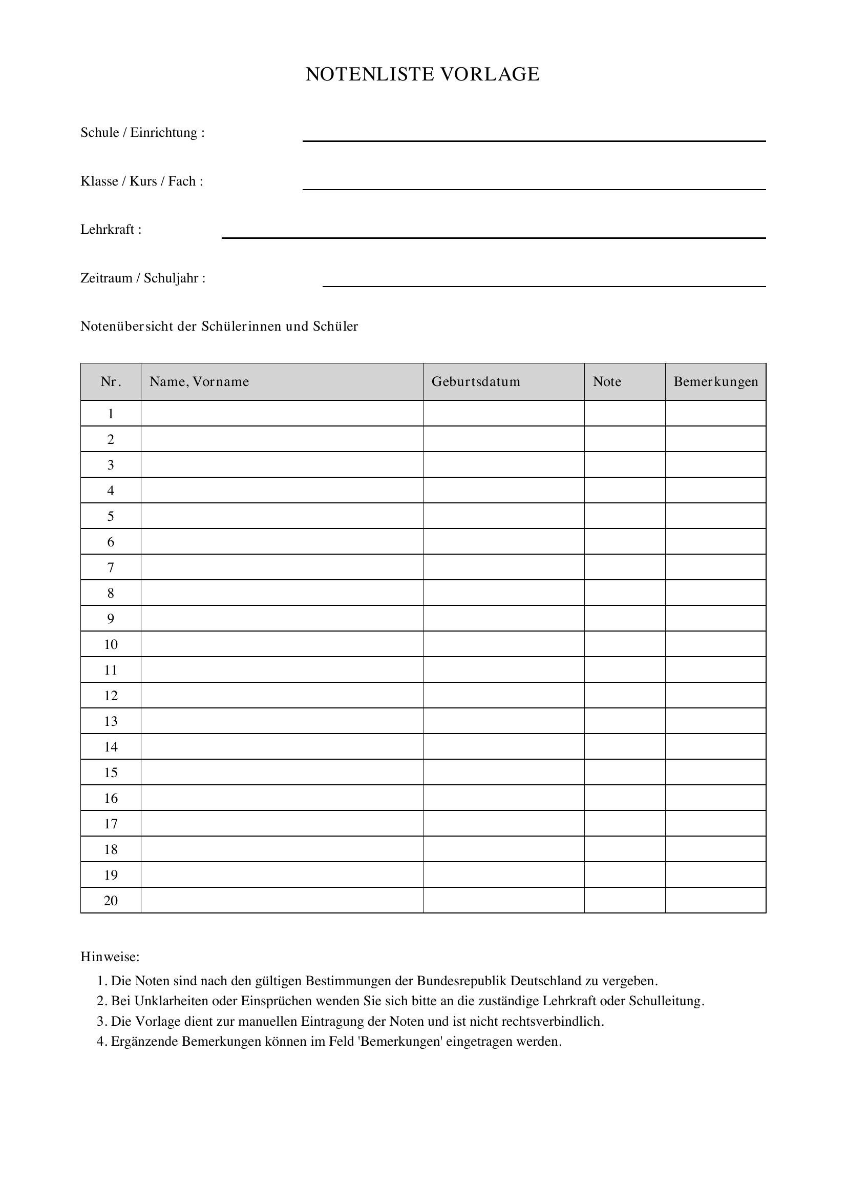 Notenliste Vorlage