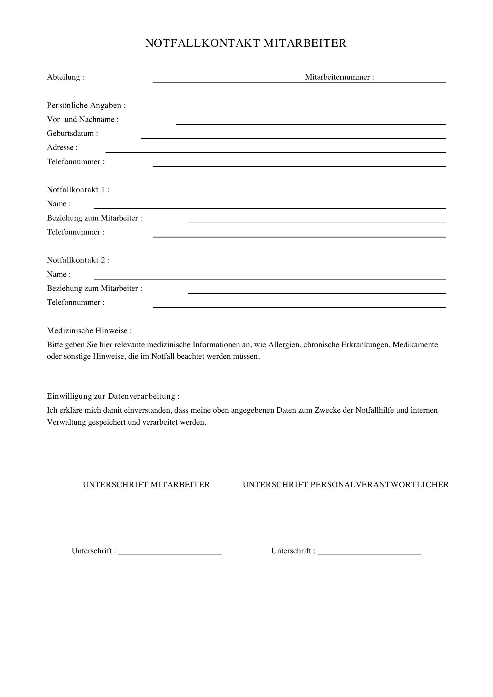 Notfallkontakt Mitarbeiter Vorlage