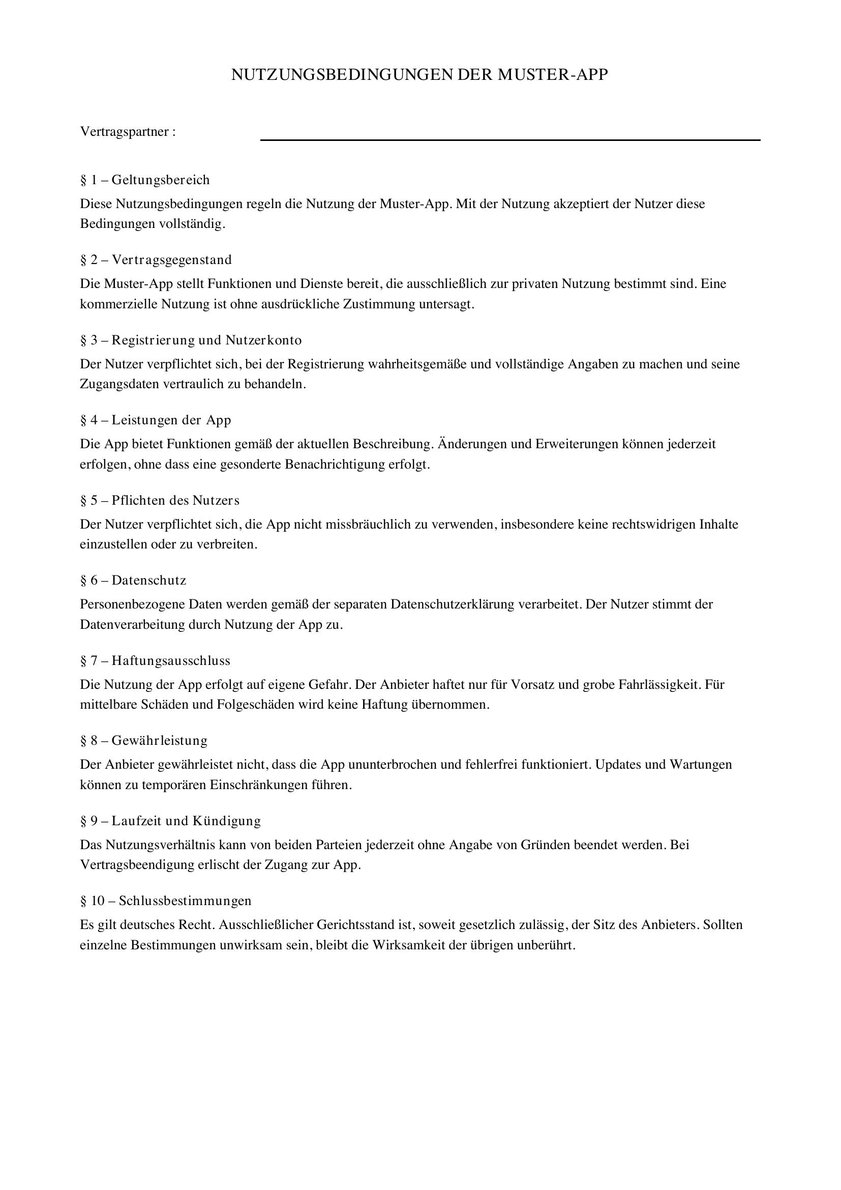 Nutzungsbedingungen App Muster