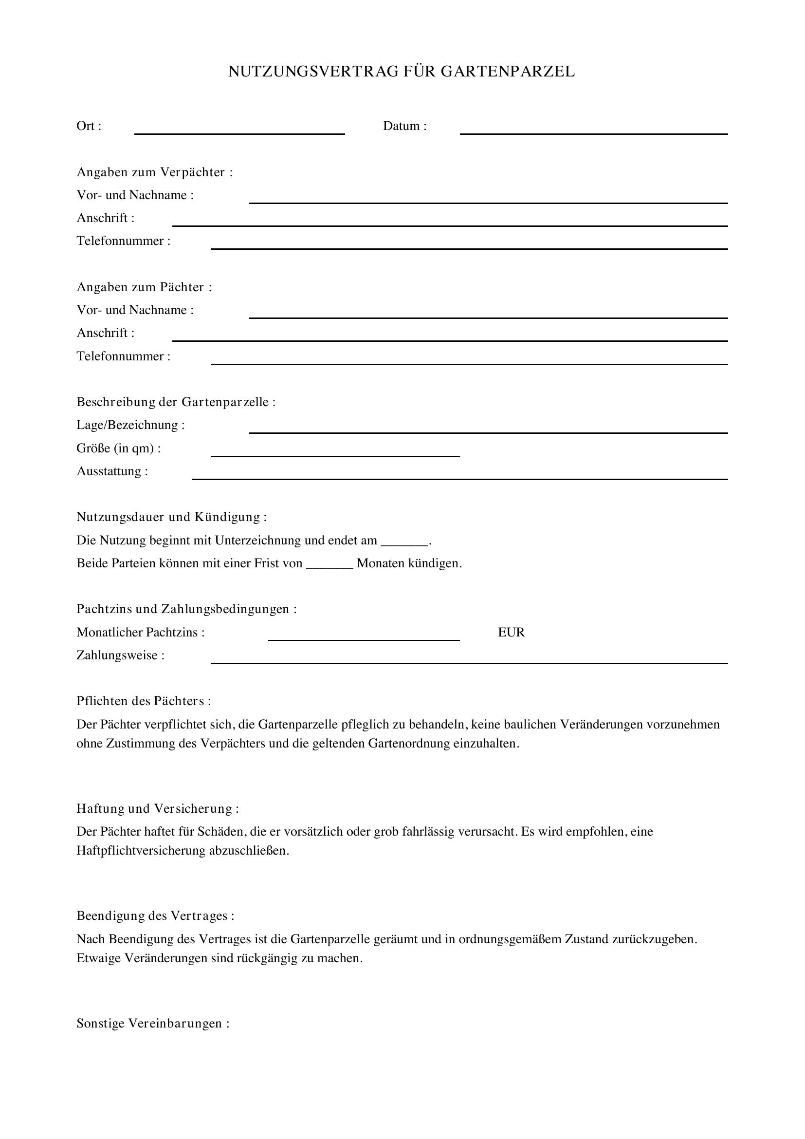 Nutzungsvertrag Garten Vorlage