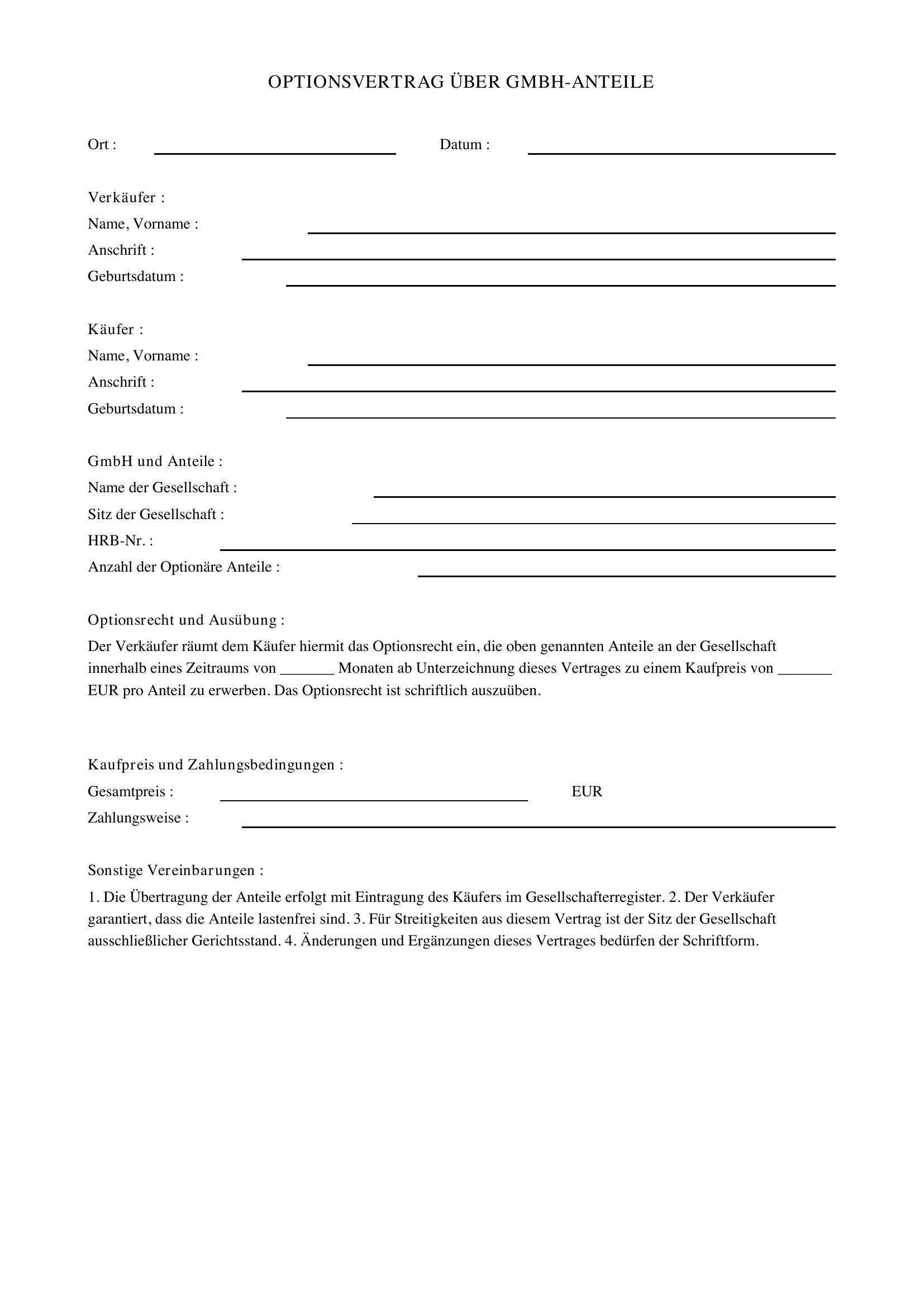 Optionsvertrag Gmbh Anteile Muster