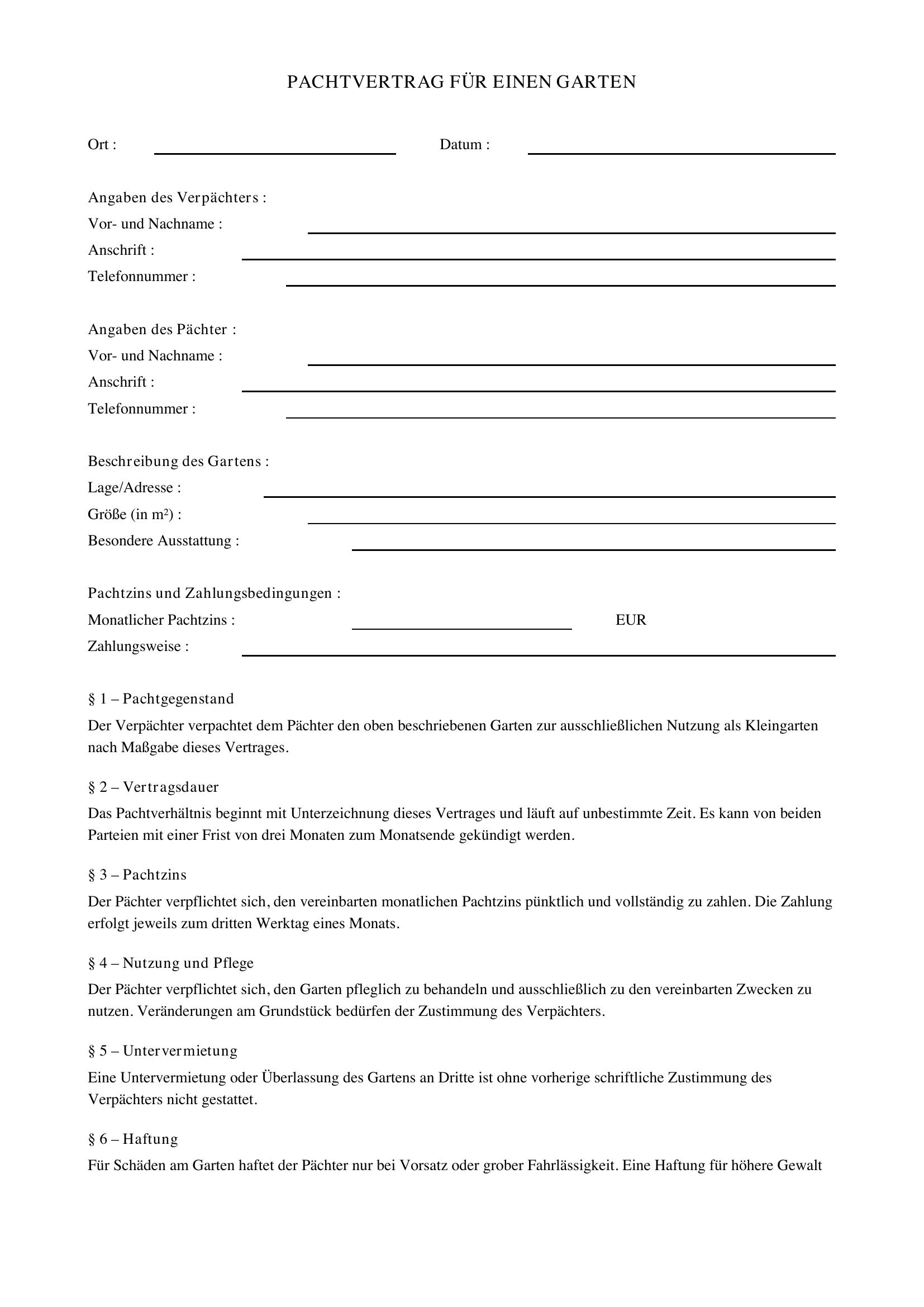 Pachtvertrag Garten Vorlage