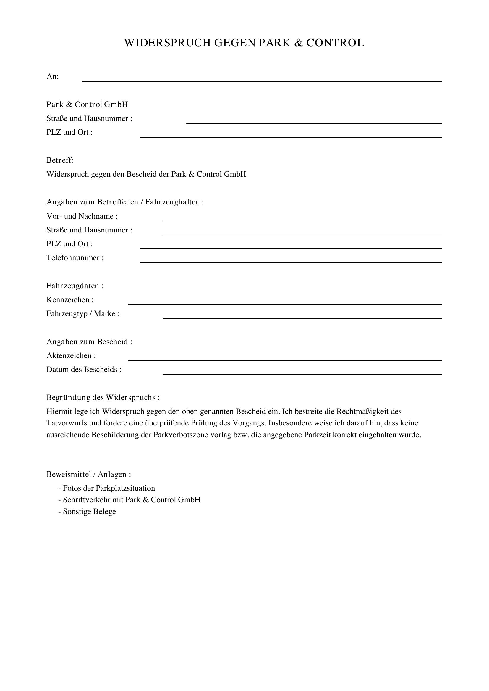 Park & Control Widerspruch Vorlage