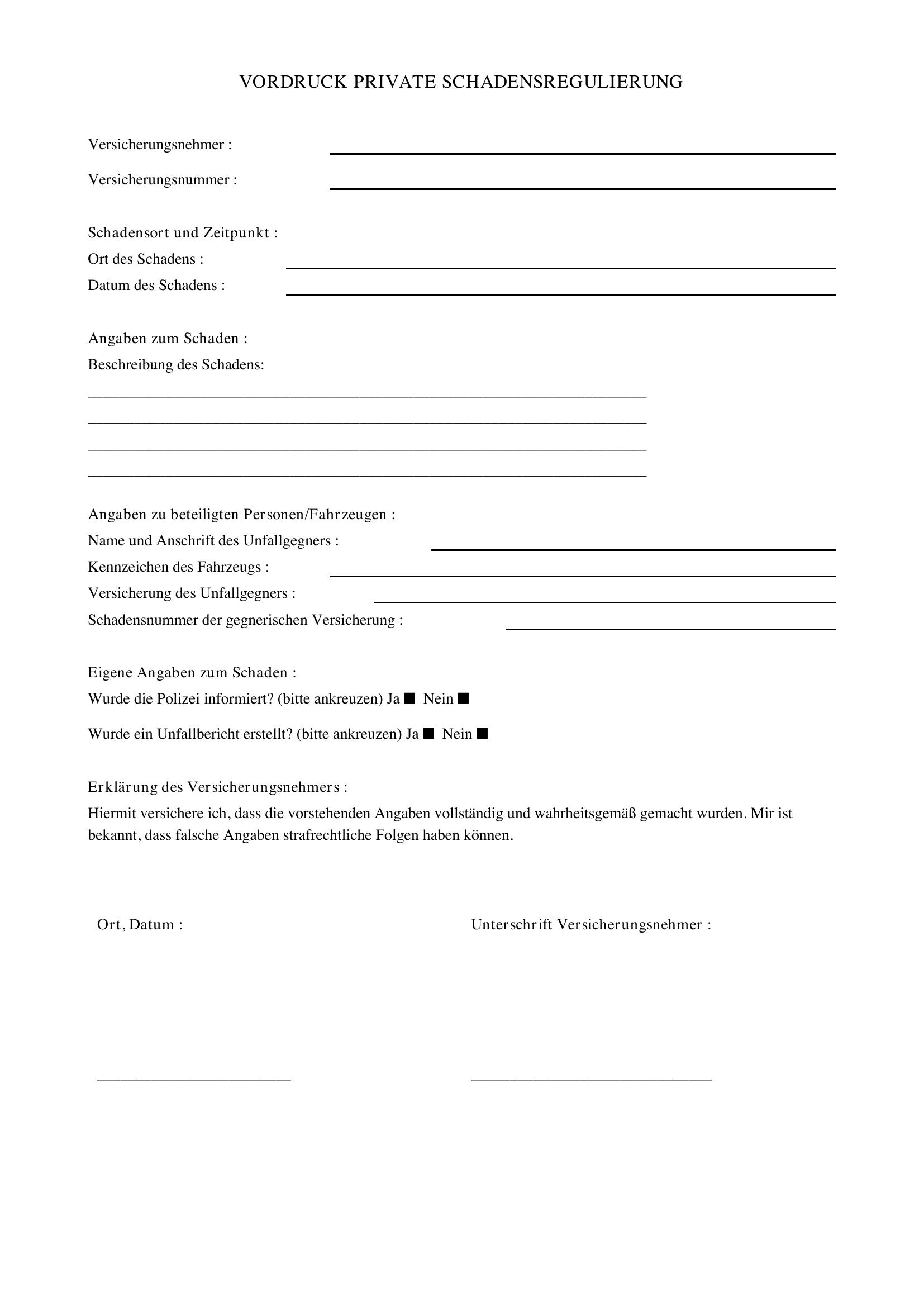 Private Schadensregulierung Vordruck