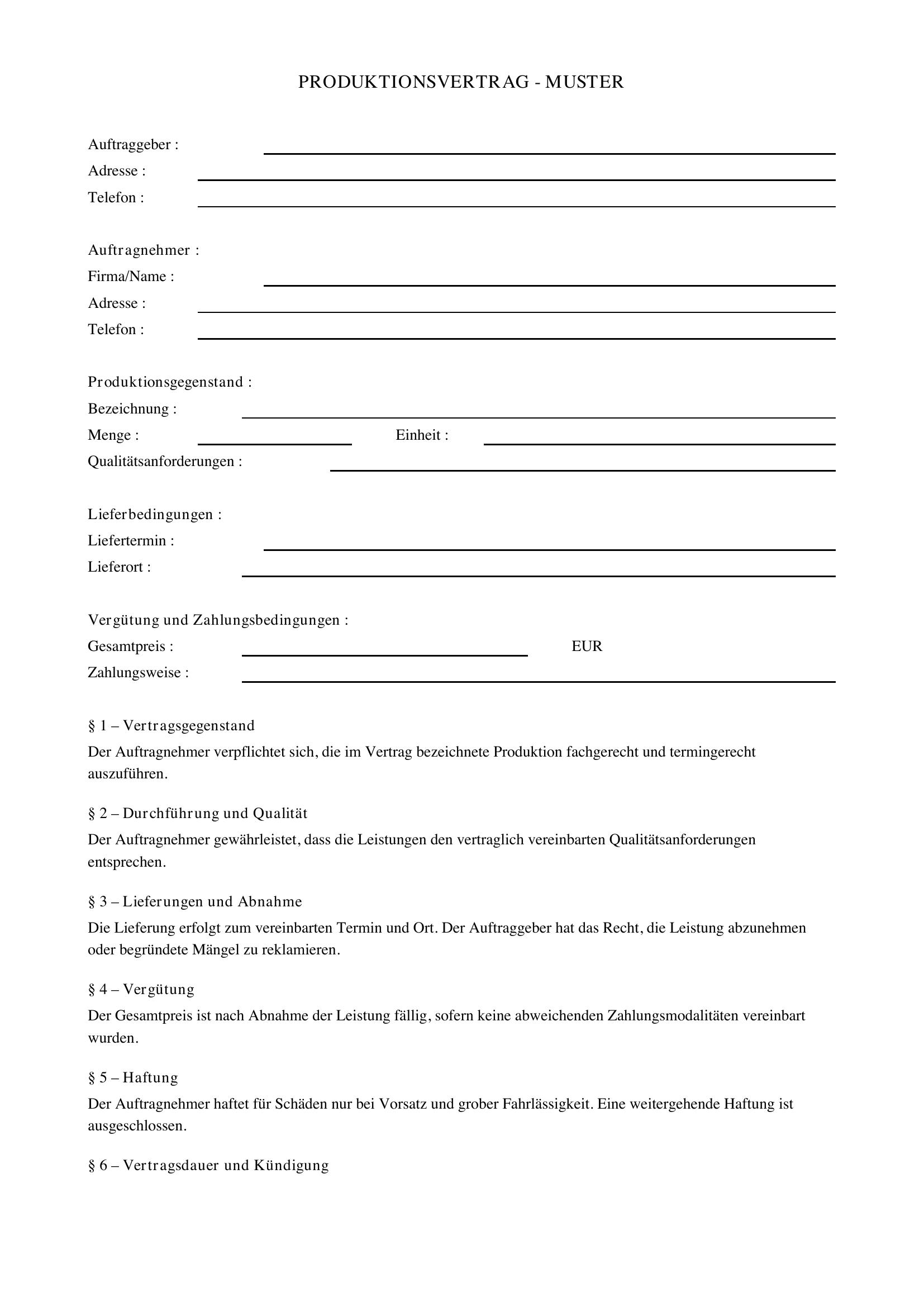 Produktionsvertrag Muster