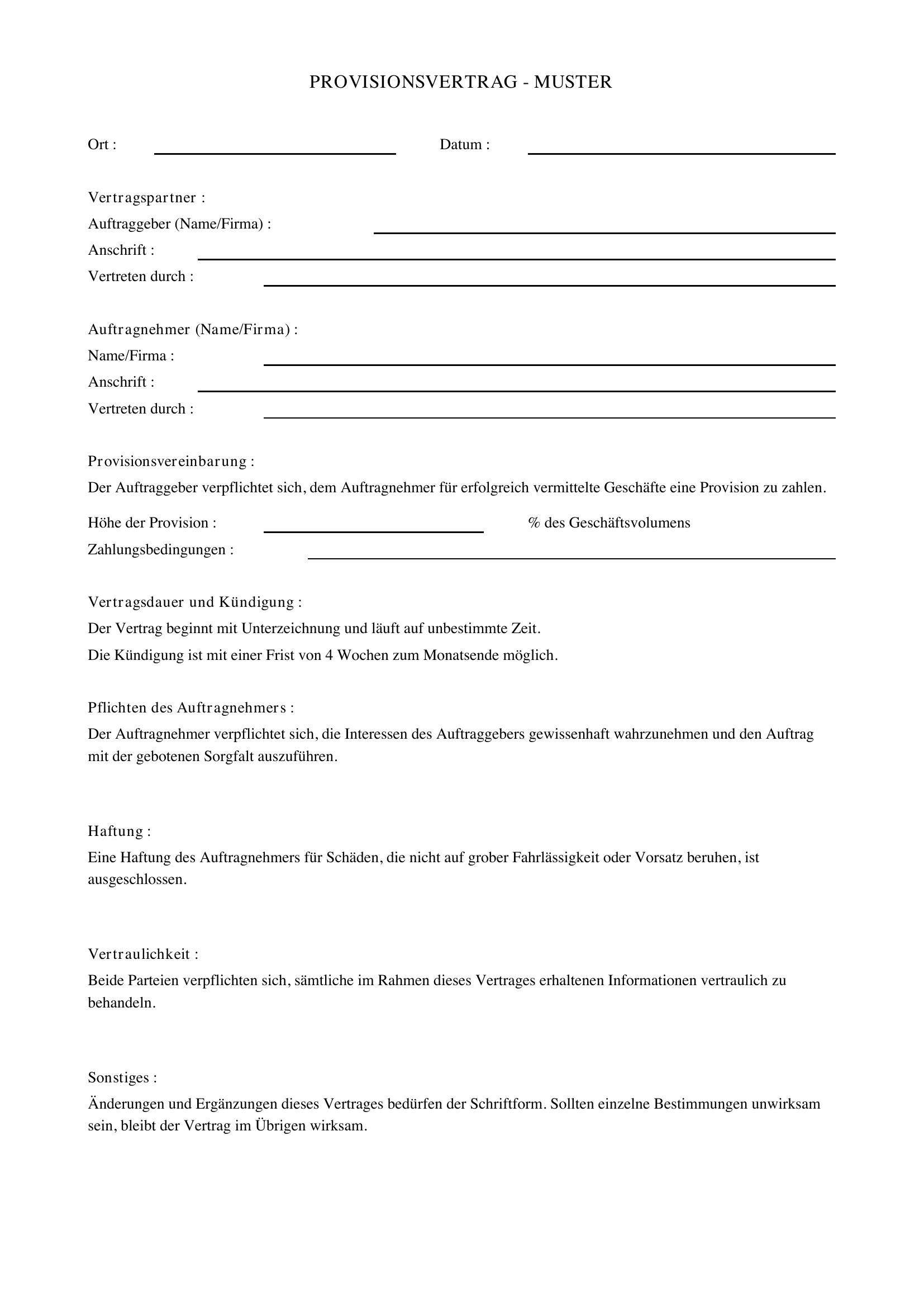 Provisionsvertrag Muster