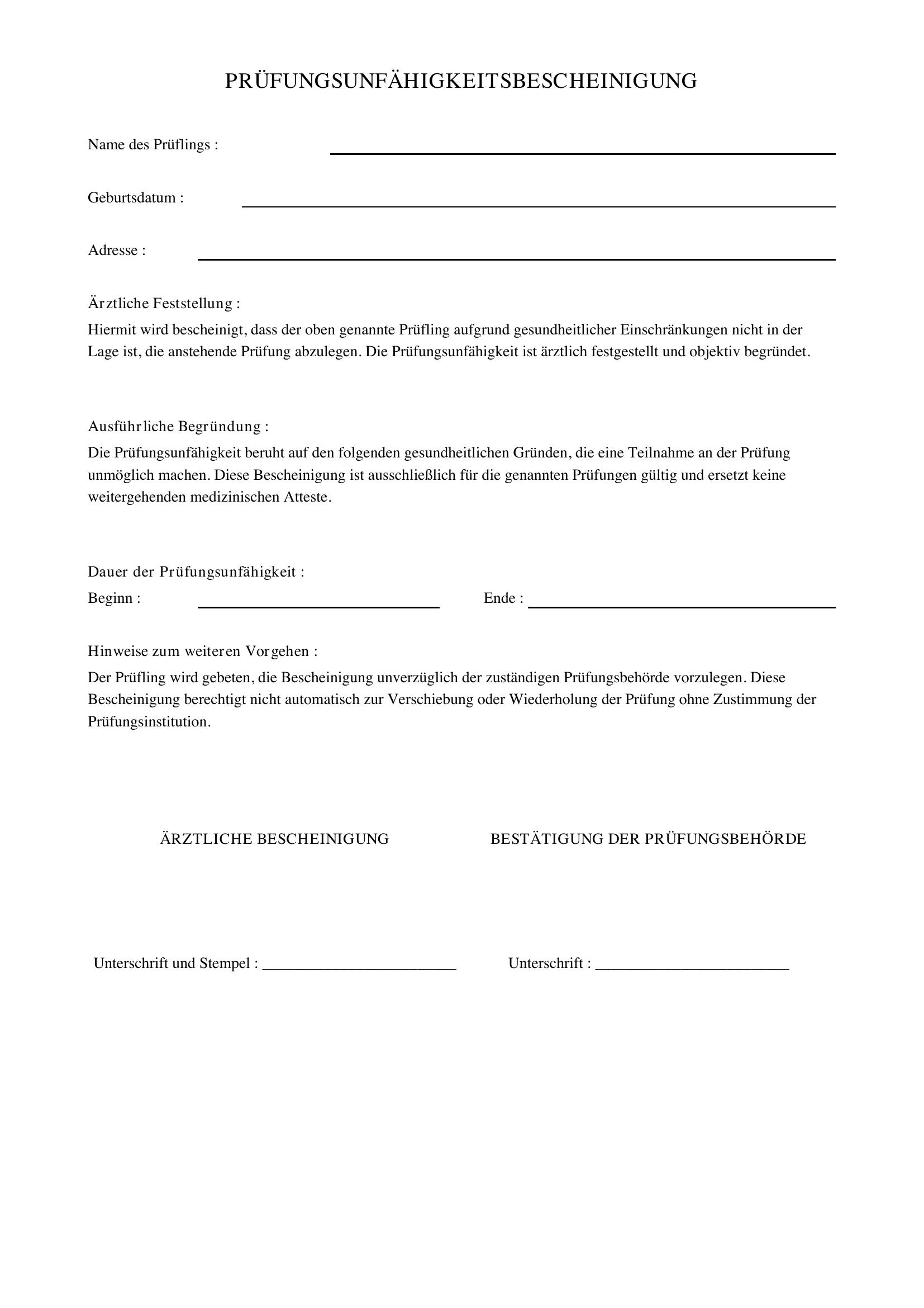 Prüfungsunfähigkeitsbescheinigung Fom