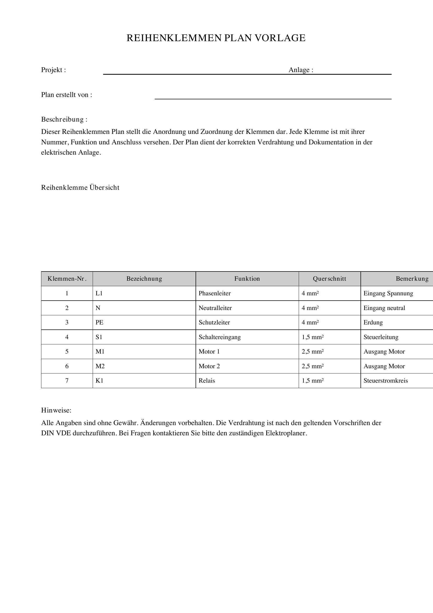 Reihenklemmen Plan Vorlage