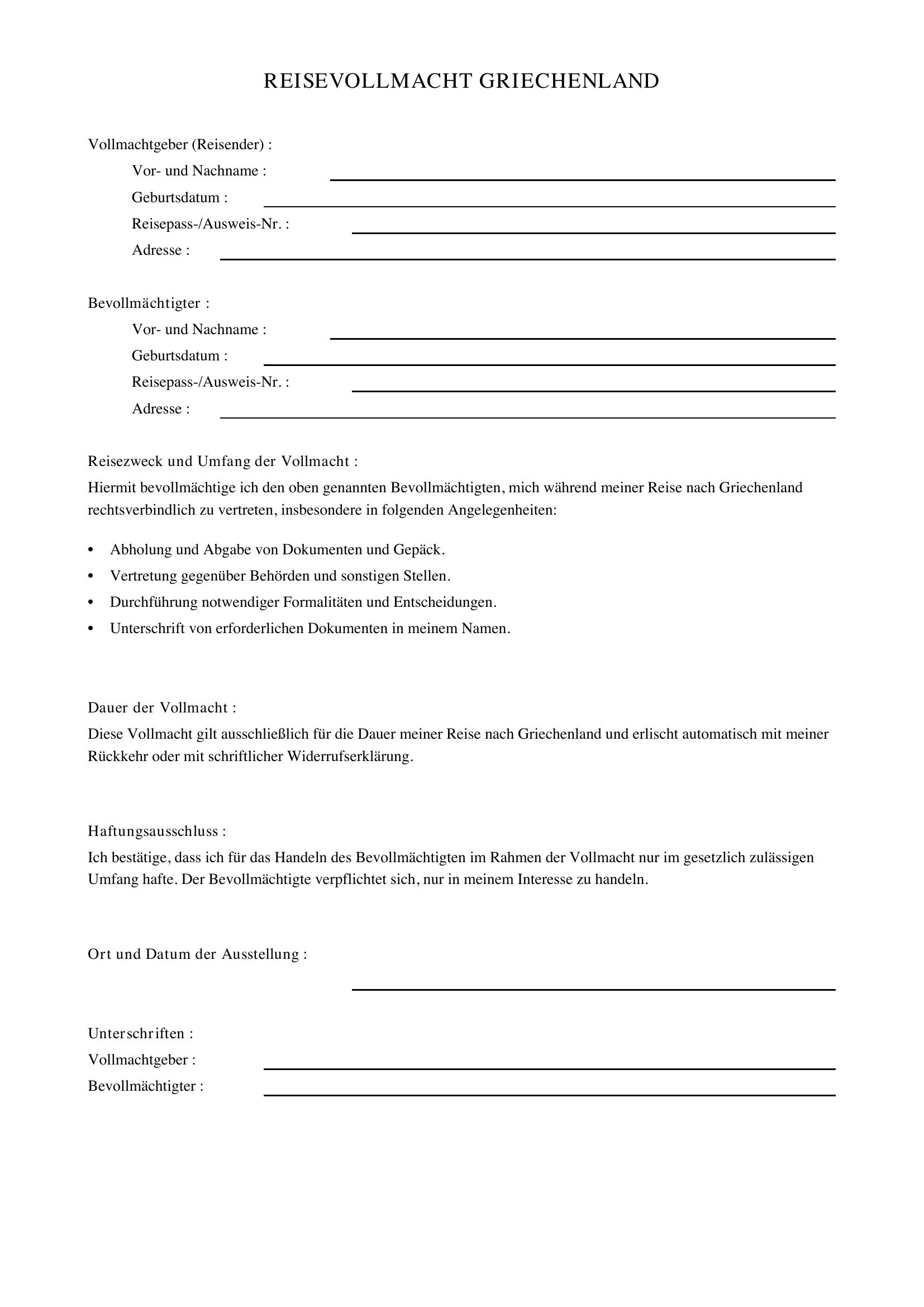 Reisevollmacht Griechenland Erfahrungen