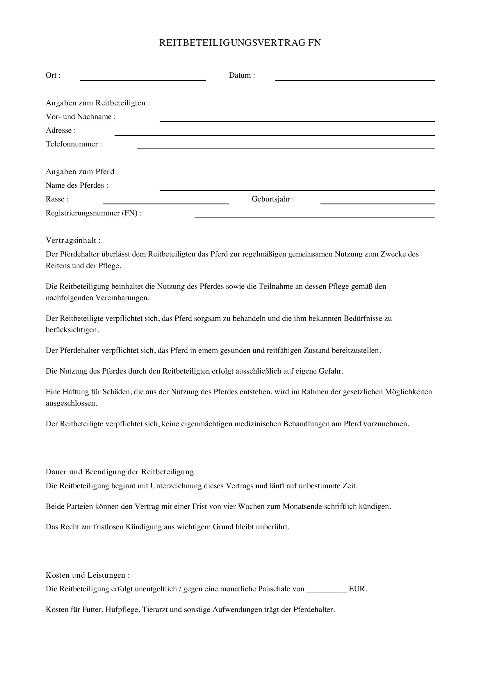 Reitbeteiligungsvertrag Fn