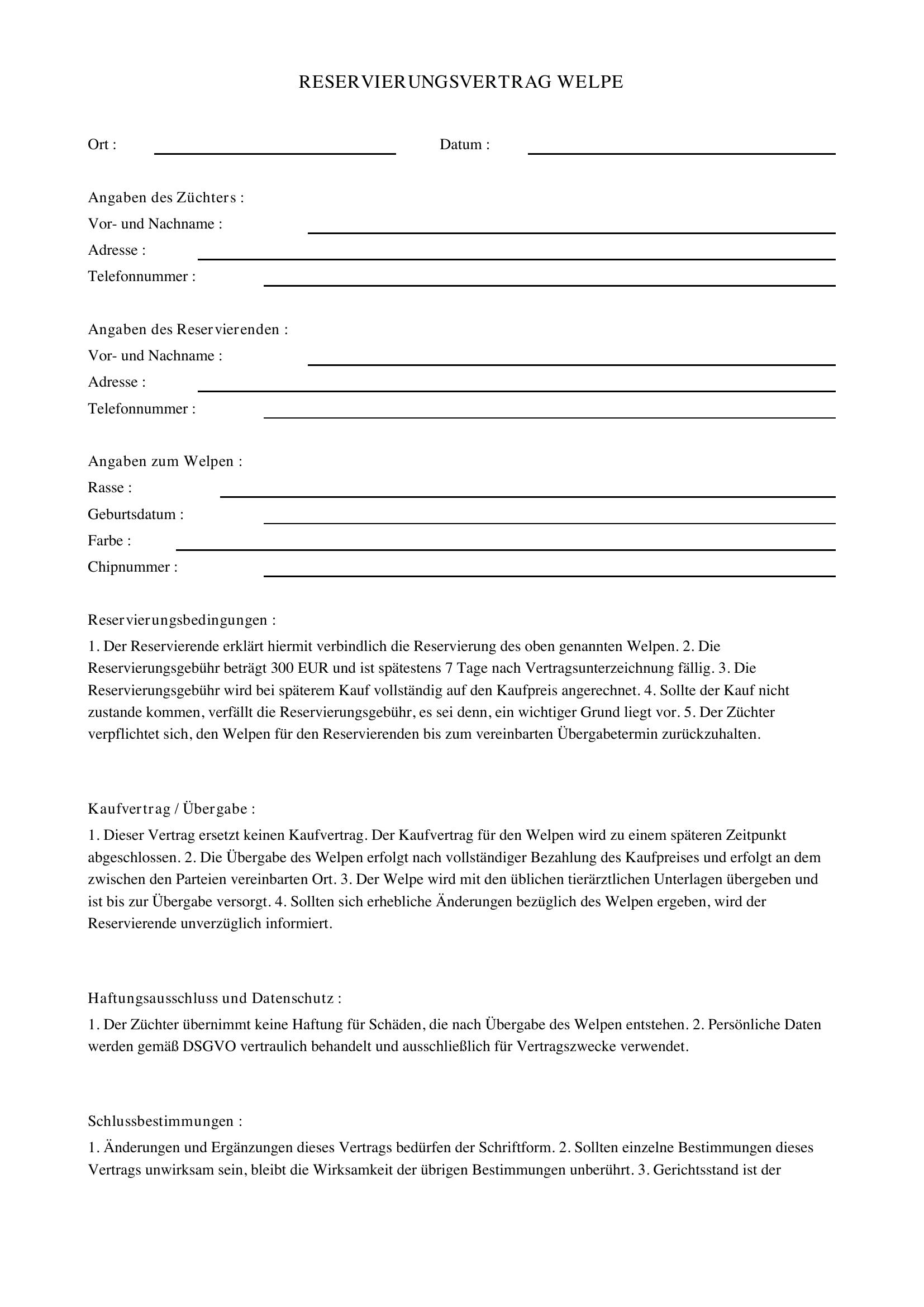 Reservierungsvertrag Welpe