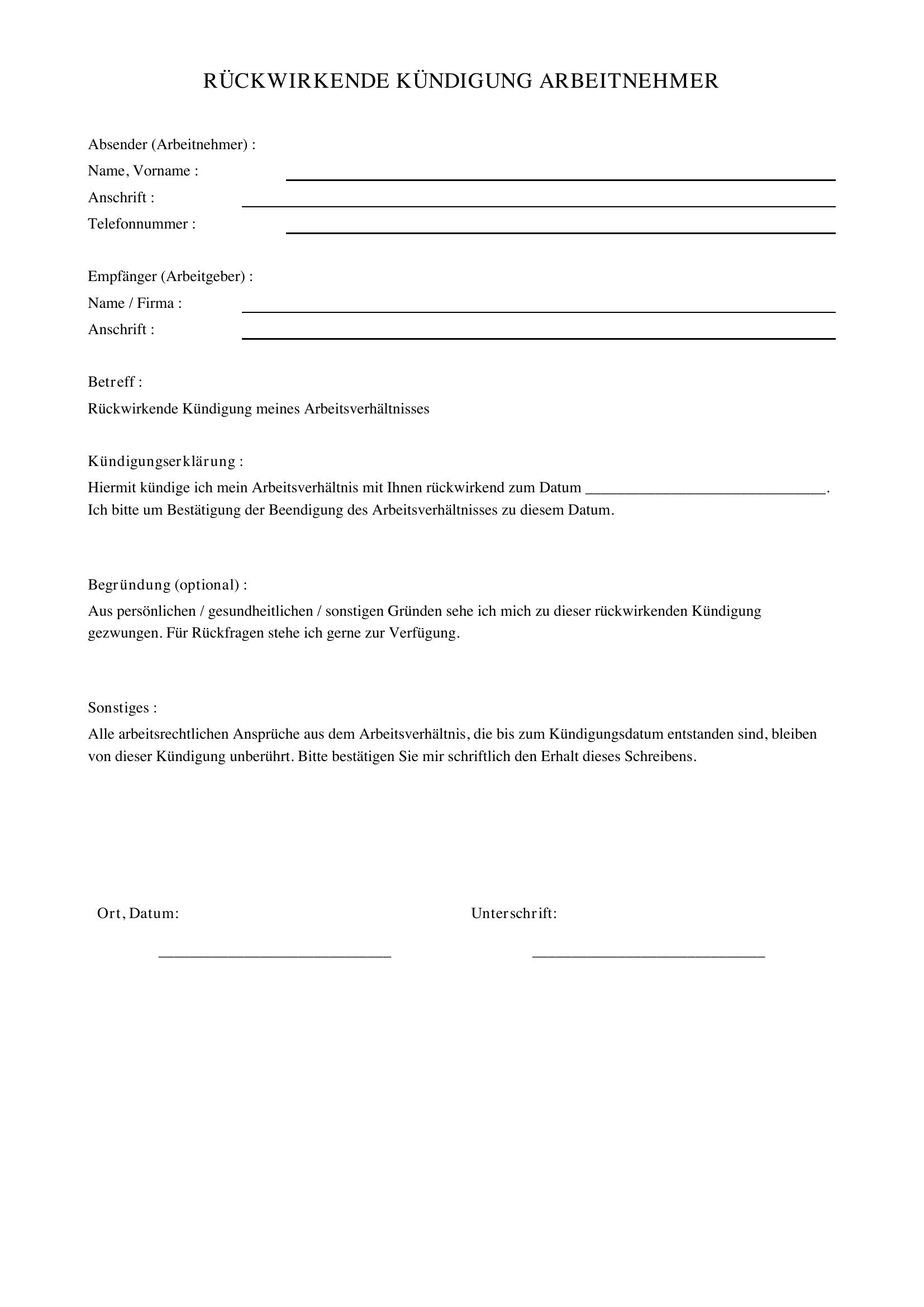 Rückwirkende Kündigung Arbeitnehmer Vorlage