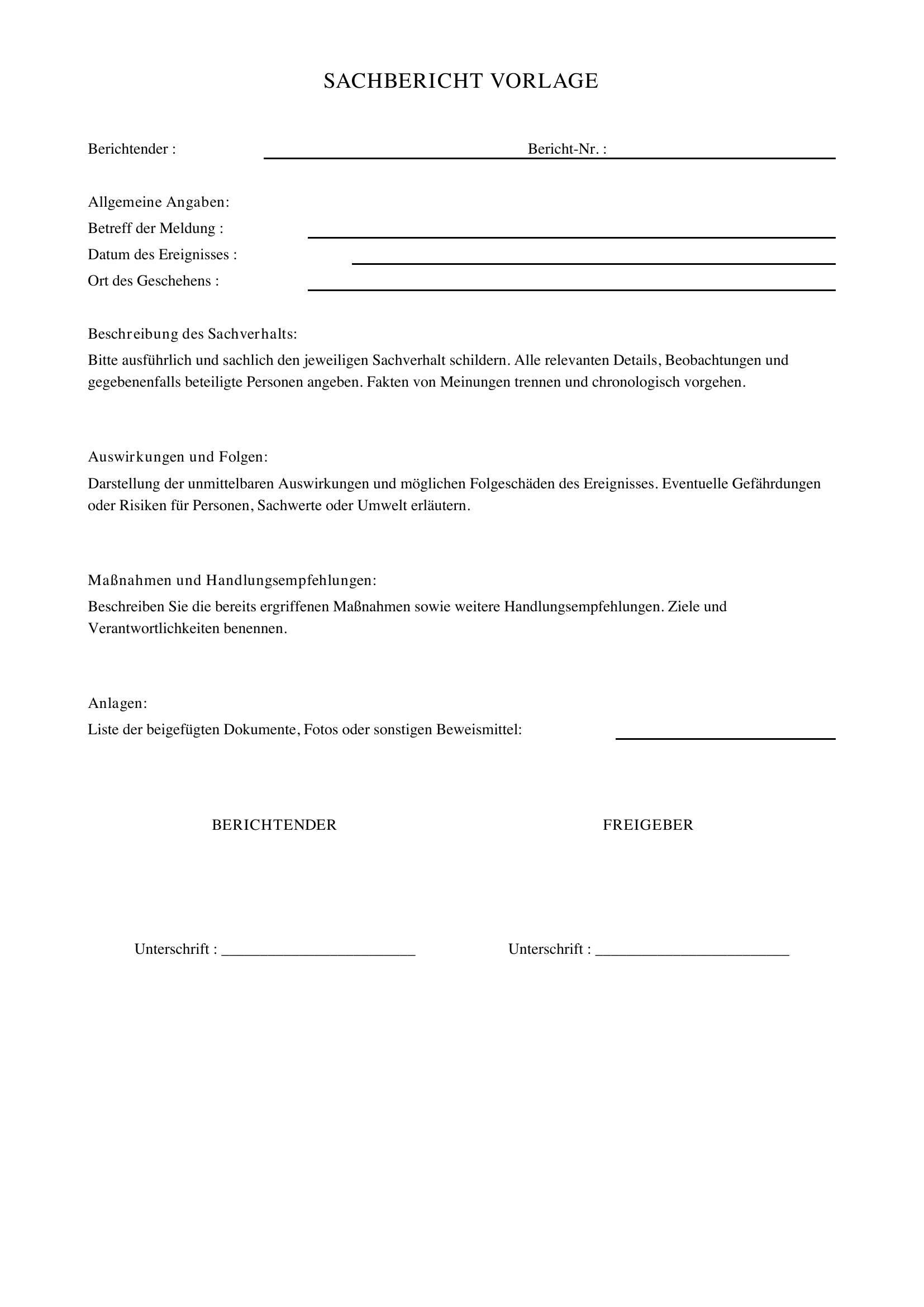 Sachbericht Schreiben Vorlage