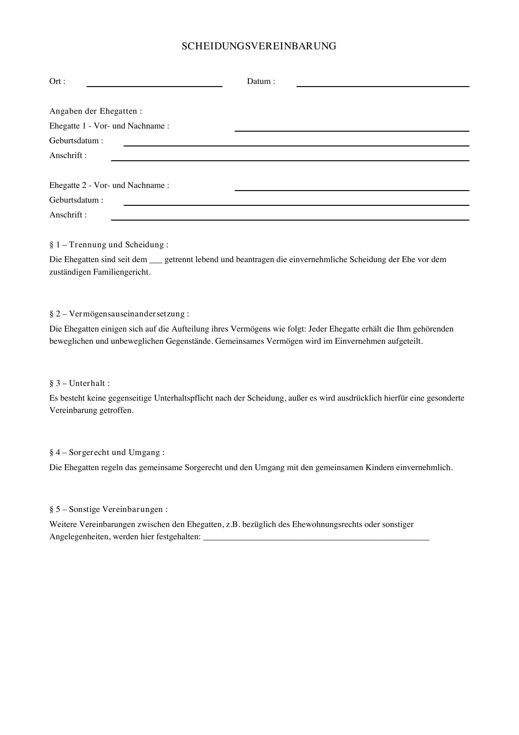 Scheidungsvereinbarung Vorlage