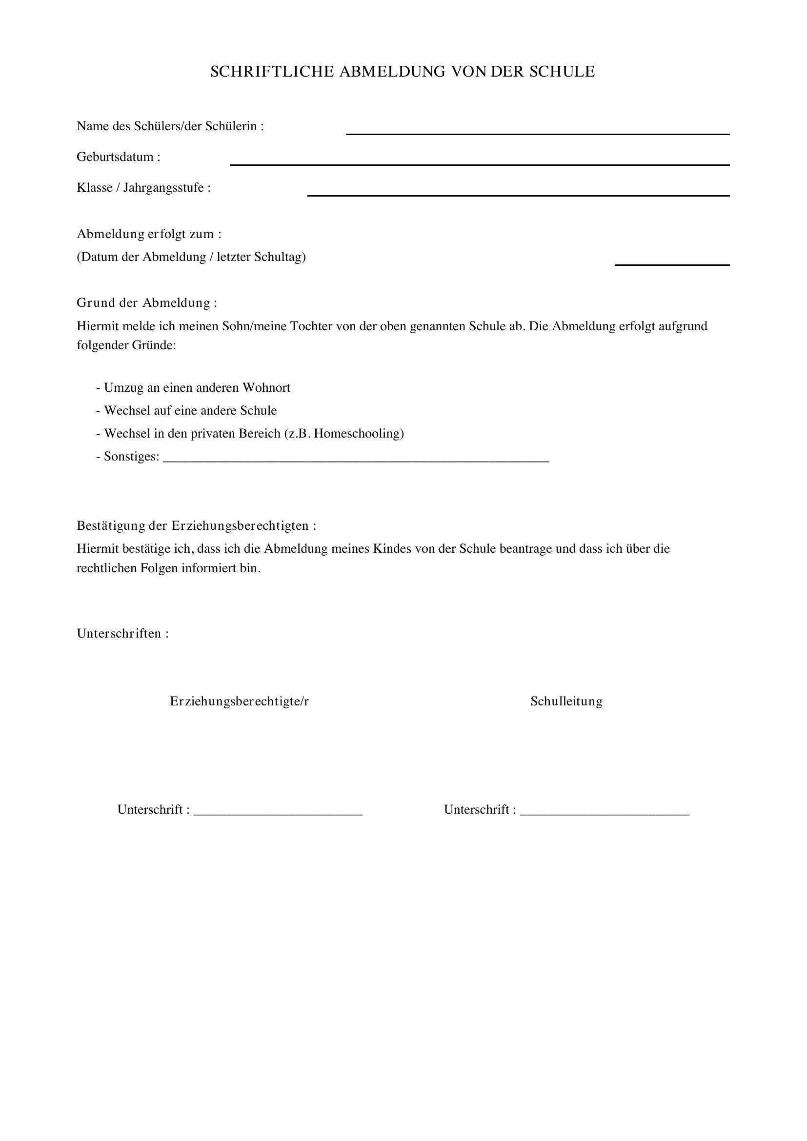 Schriftliche Abmeldung Schule