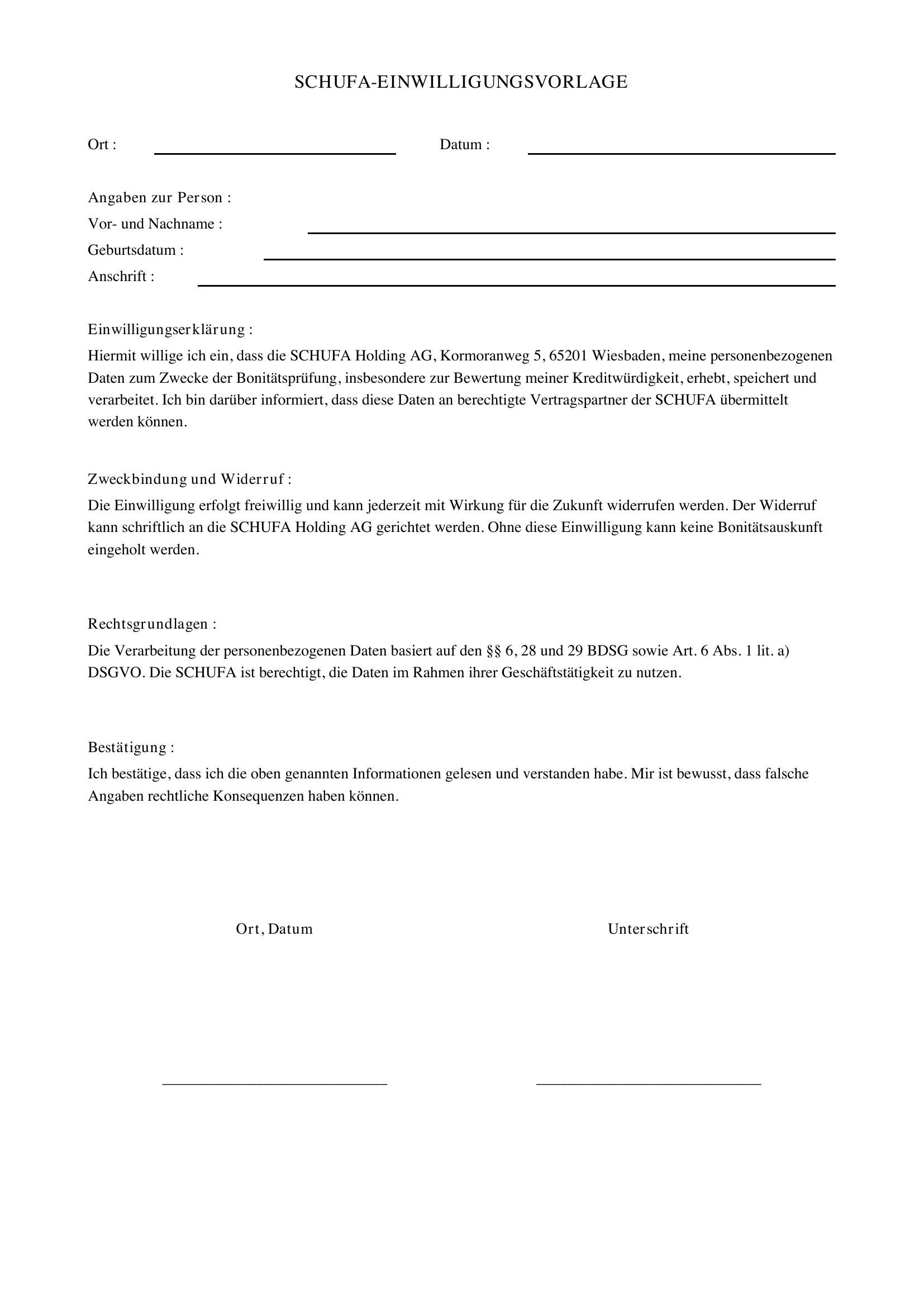 Schufa Einwilligung Vorlage