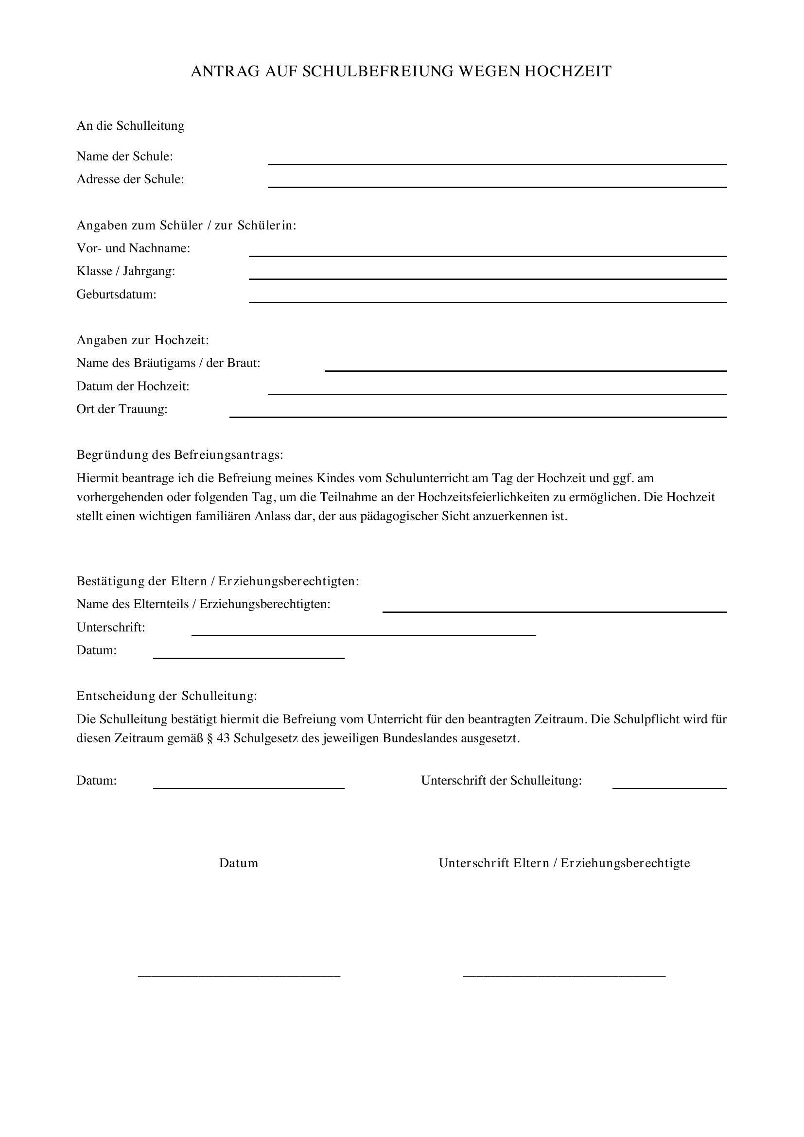 Schulbefreiung Wegen Hochzeit Vorlage