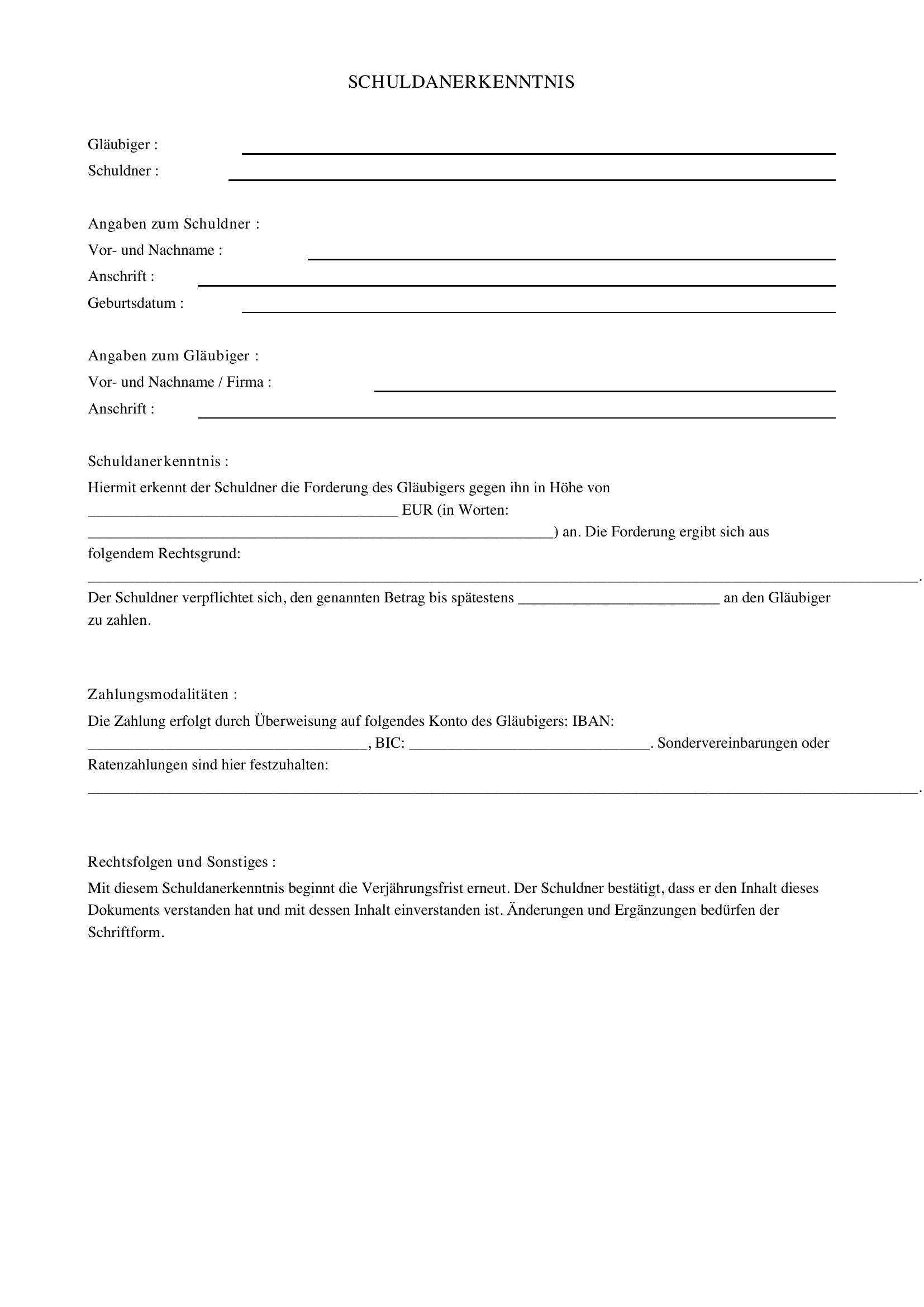 Schuldanerkenntnis Muster