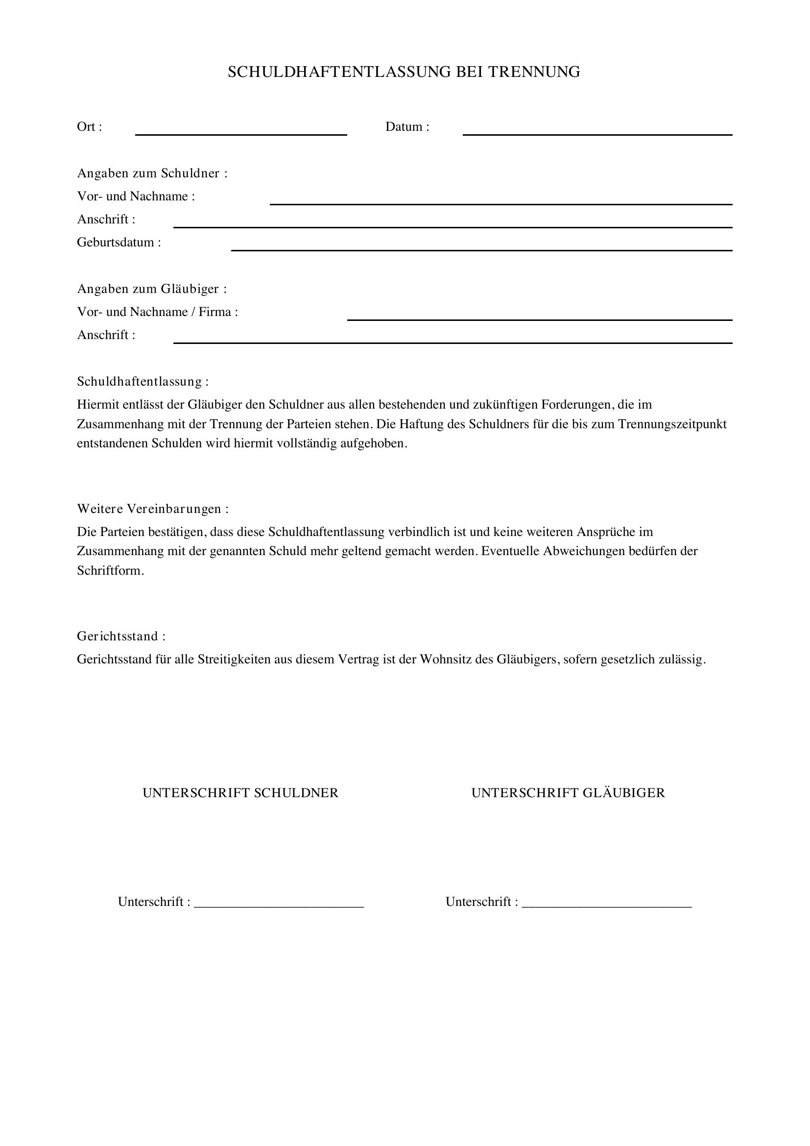 Schuldhaftentlassung Bei Trennung Vorlage