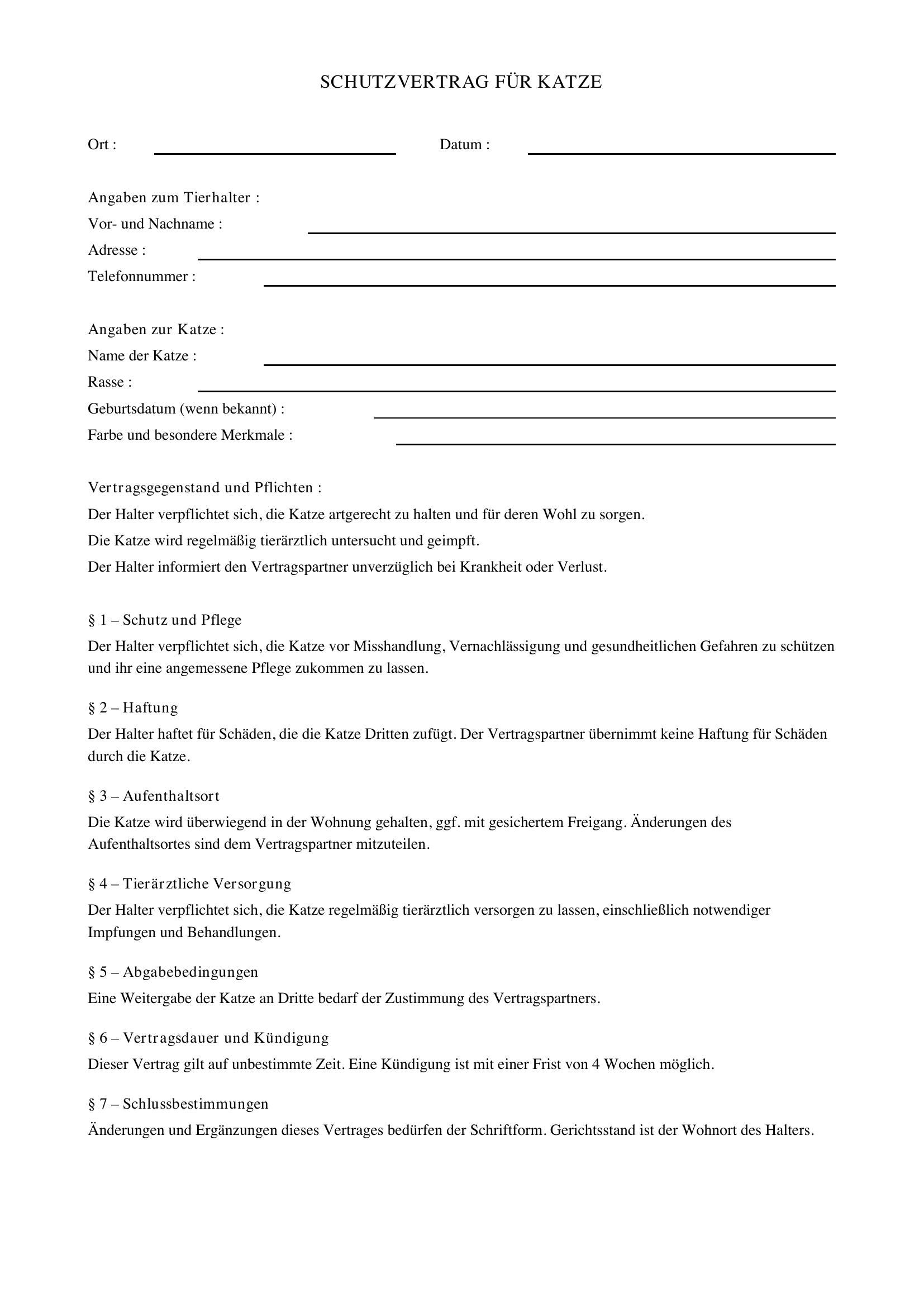 Schutzvertrag Katze