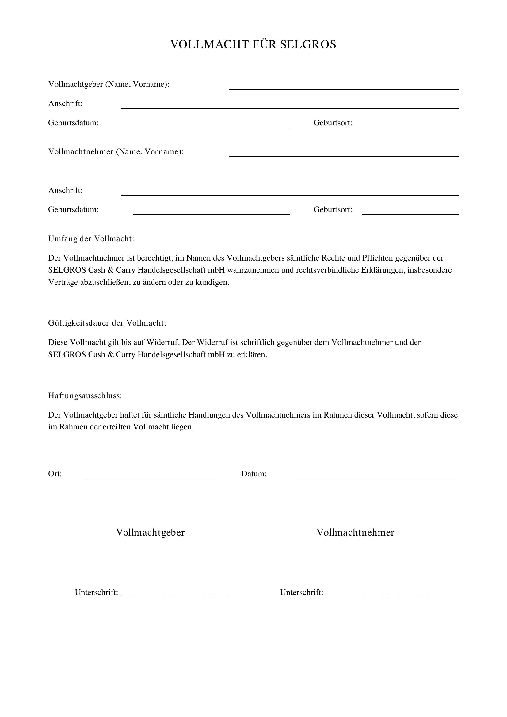 Selgros Vollmacht