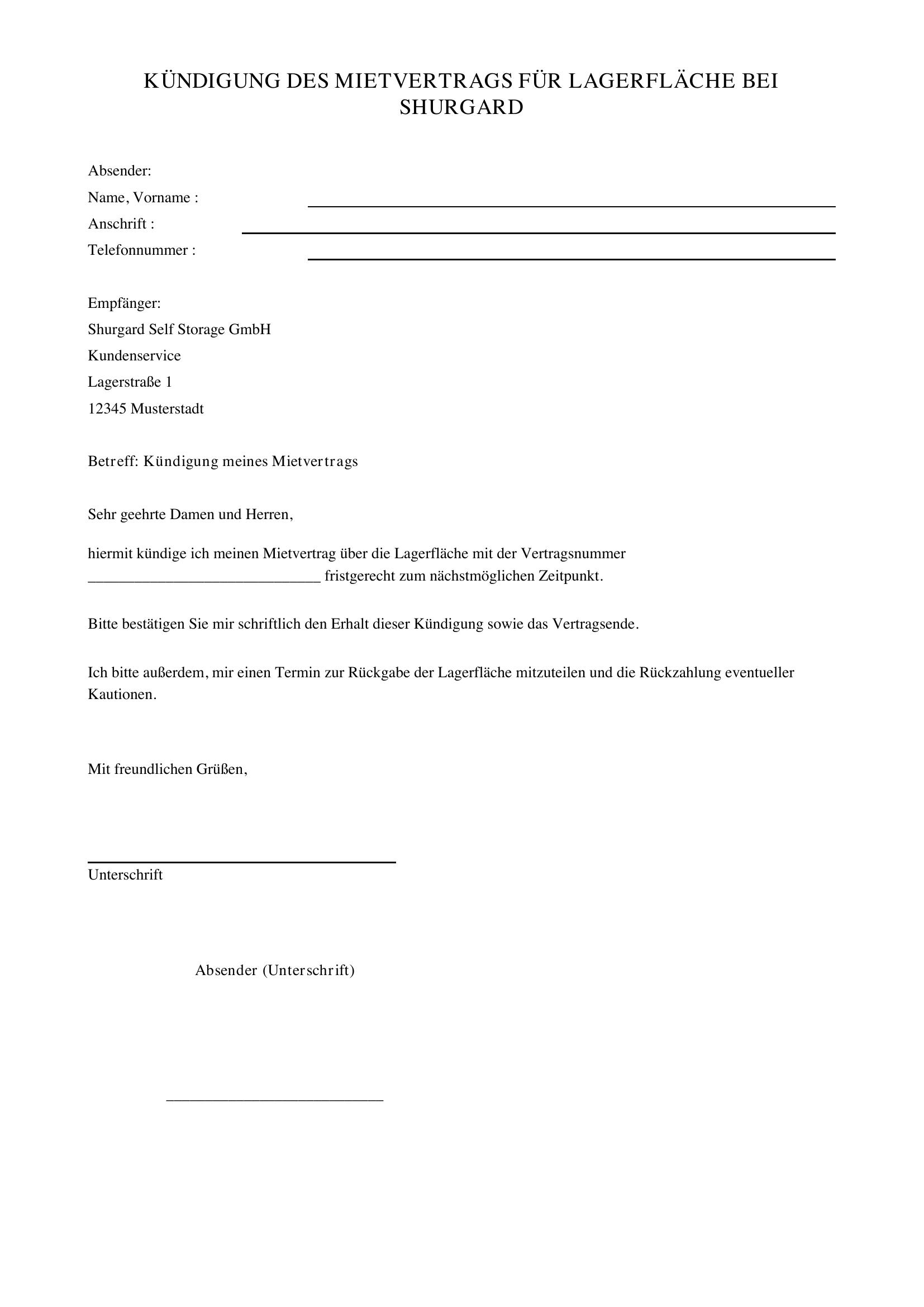 Shurgard Kündigung Vorlage