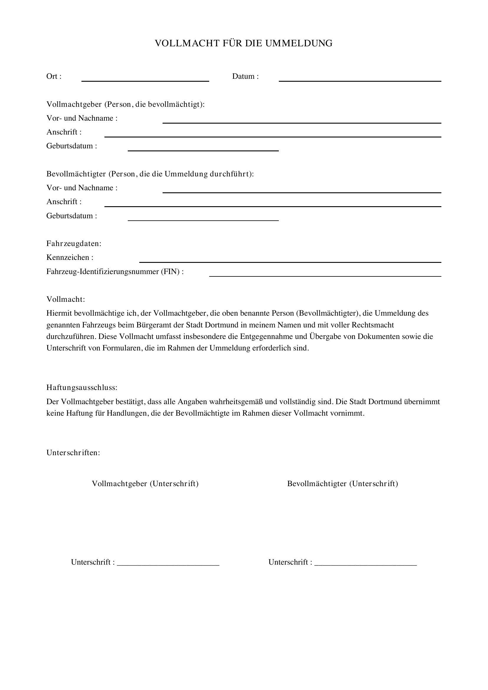 Stadt Dortmund Vollmacht Ummeldung