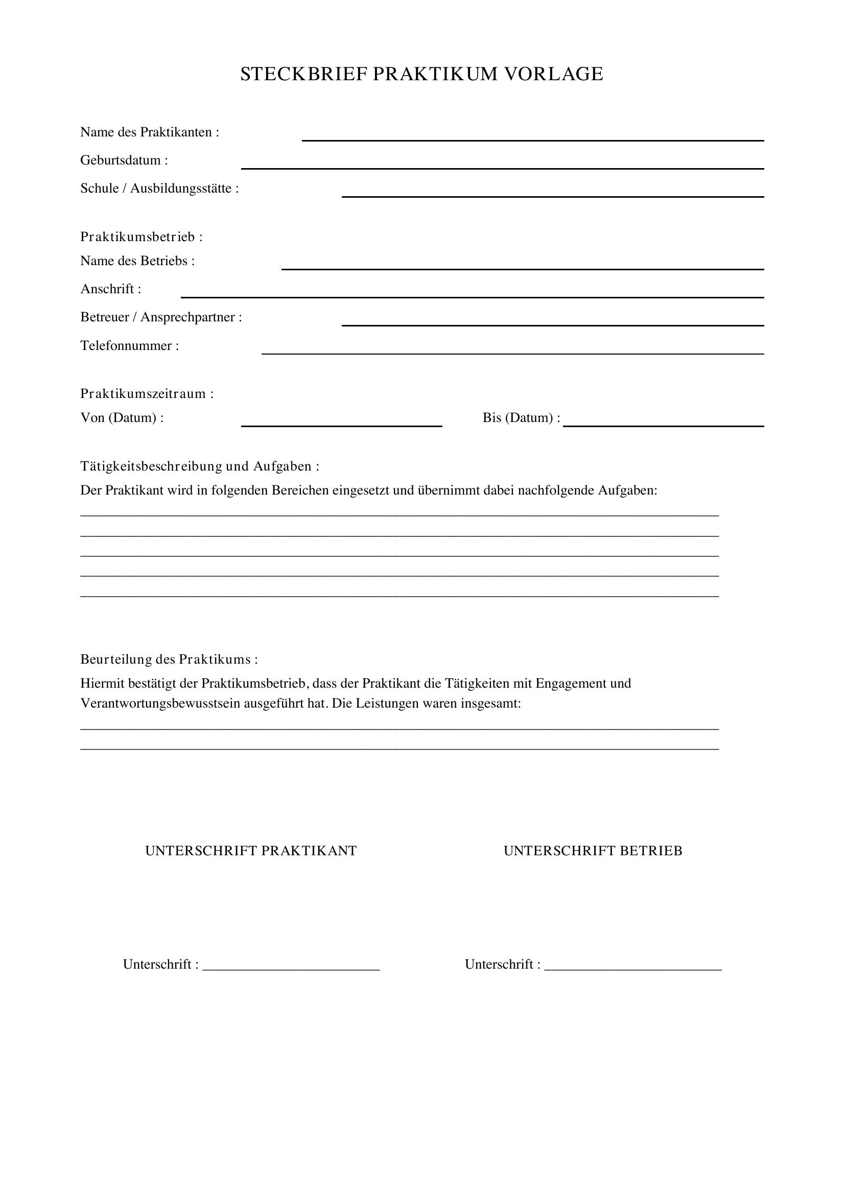 Steckbrief Praktikum Vorlage