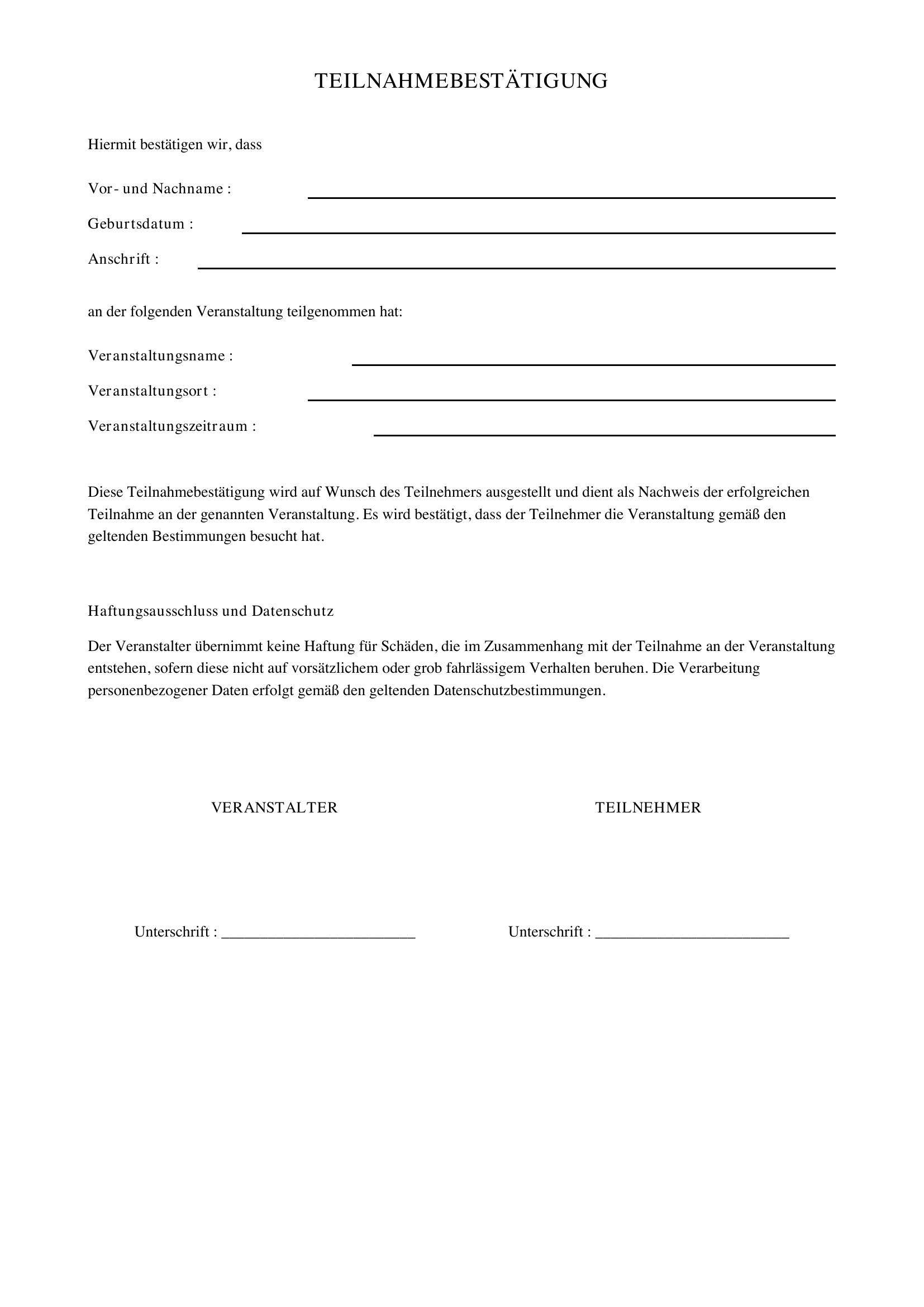 Teilnahmebestätigung Vorlage