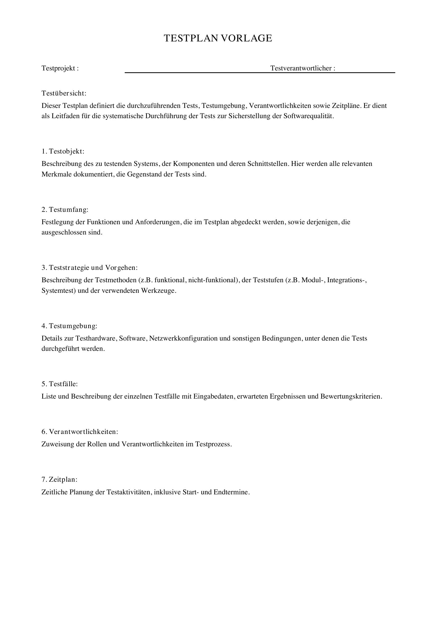 Testplan Vorlage