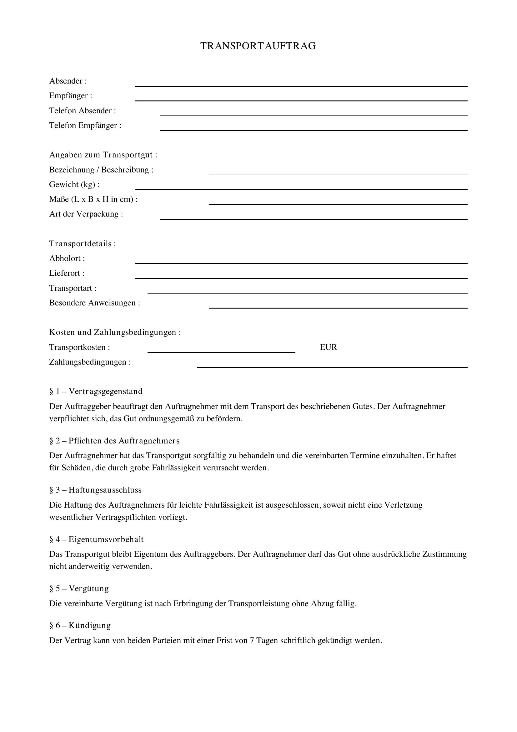 Transportauftrag Vorlage